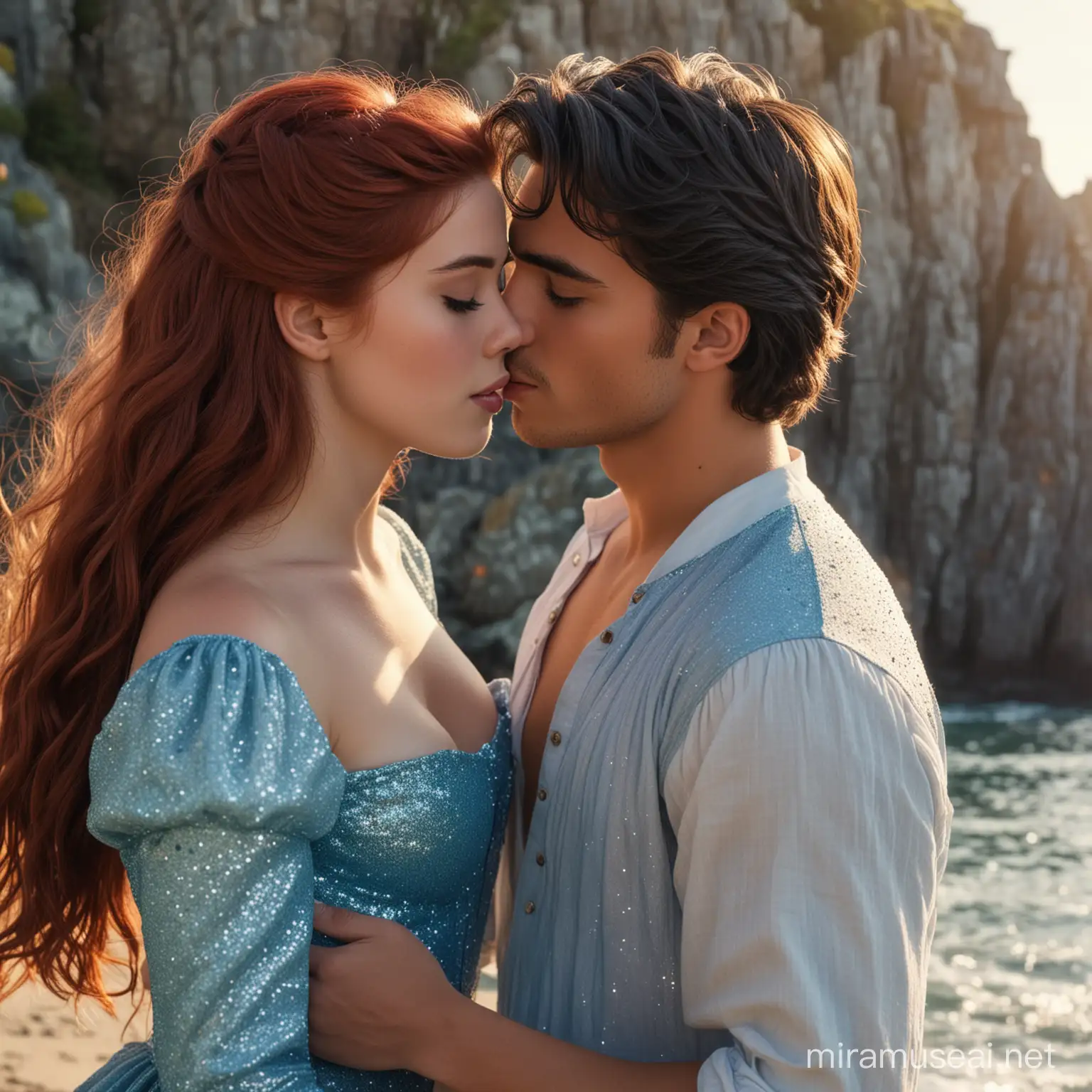 in a sea natural background there are prince eric is danish 21-year-old with short black hair and white black hair short prince eric teenage with white shirt and blue dark trousers, long-hair red girl with fairytail beautiful light blue dress, kissing in the teenage eric's mouth, surrounded by natural sea beachshirt and dark blue  trousers and princess disney ariel is 16-year-old danish girl and red long hair and long light blue glitter dress, kissing  face 8k resolution 