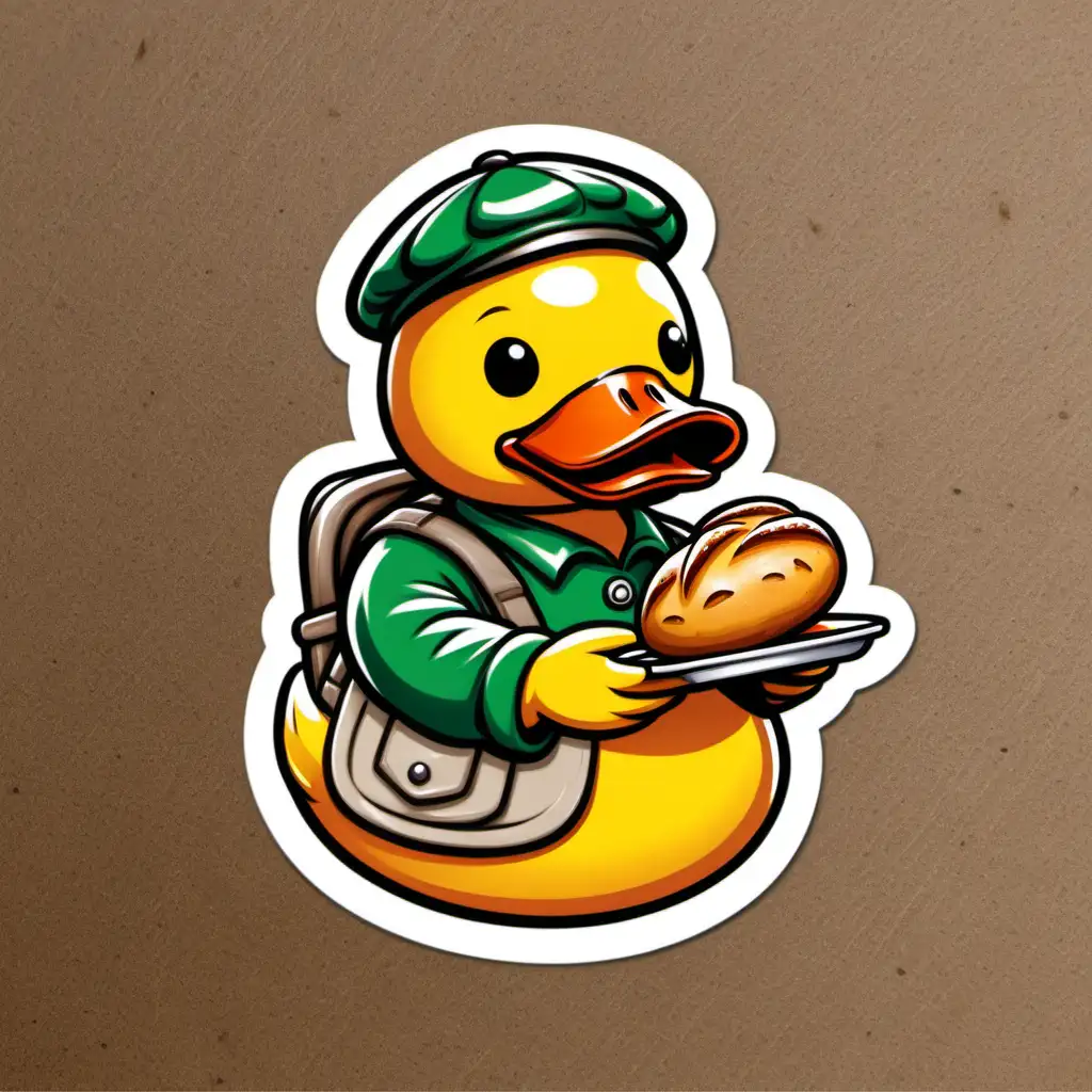Whimsical Gardener Rubber Duck Sticker with Crocs Enjoying a Bread Moment