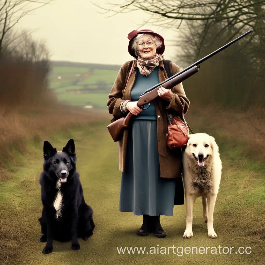 Cheerful-Elderly-Woman-with-Shotgun-and-Faithful-Shepherd-Dog