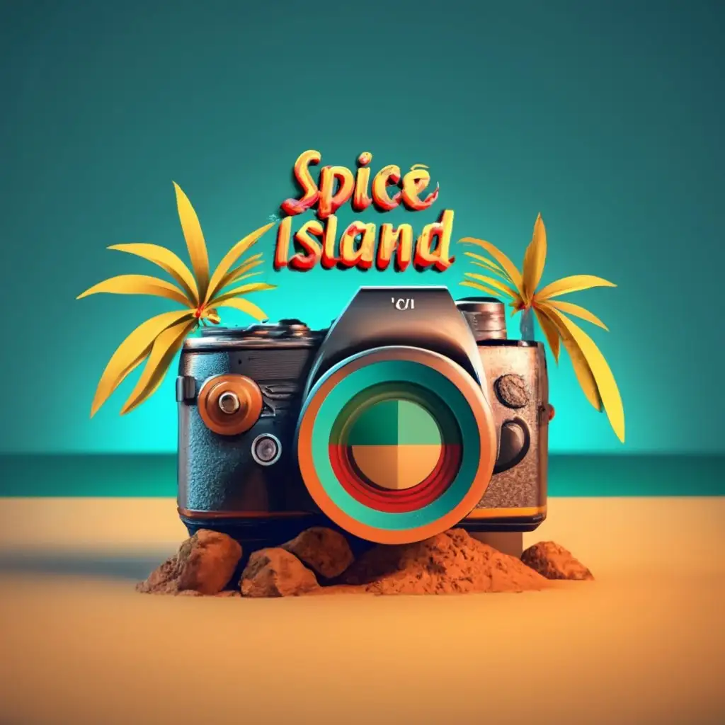 logo, Realistic camera and lens, Grenada flag colours, Palm tree, with the text "Spice Island Photography ", typography, be used in Restaurant industry