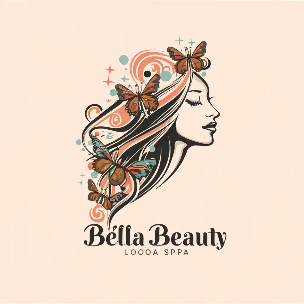 a logo design,with the text "Bella beauty", main symbol:Women with hair flowing Women, butterflies, tattoos, hair,complex,be used in Beauty Spa industry,clear background