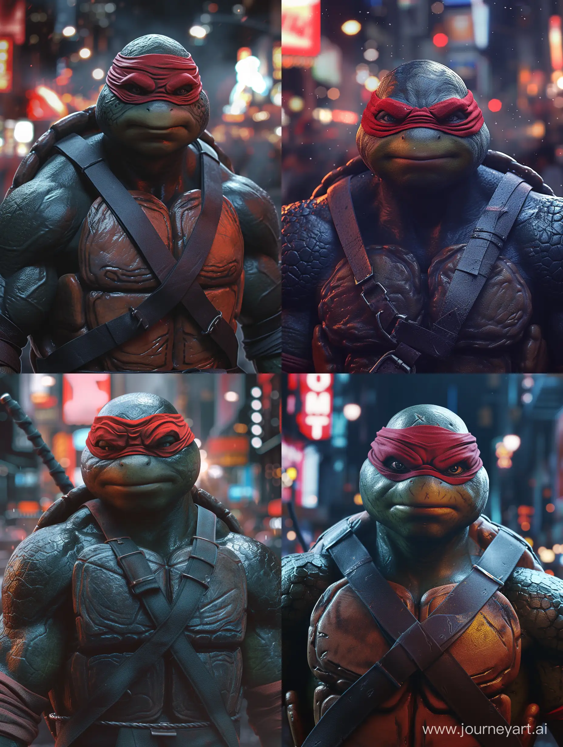 detailed and realistic   a close-up  Raphael from the Teenage Mutant Ninja Turtles.  include his confident posture, wearing a red bandana over his eyes, a serious and somewhat stern facial expression, and muscular arms. He  depicted in a dark, textured suit of armor-like plating covering his chest and shoulders, with various straps and belts across his torso. The background a blurry, bustling urban night scene, possibly suggesting a city like New York, with dim and atmospheric lighting and neon lights glowing in the distance. high-quality, high-resolution, and lifelike appearance of the image, emphasizing the attention to texture and lighting that enhances the character's realism 