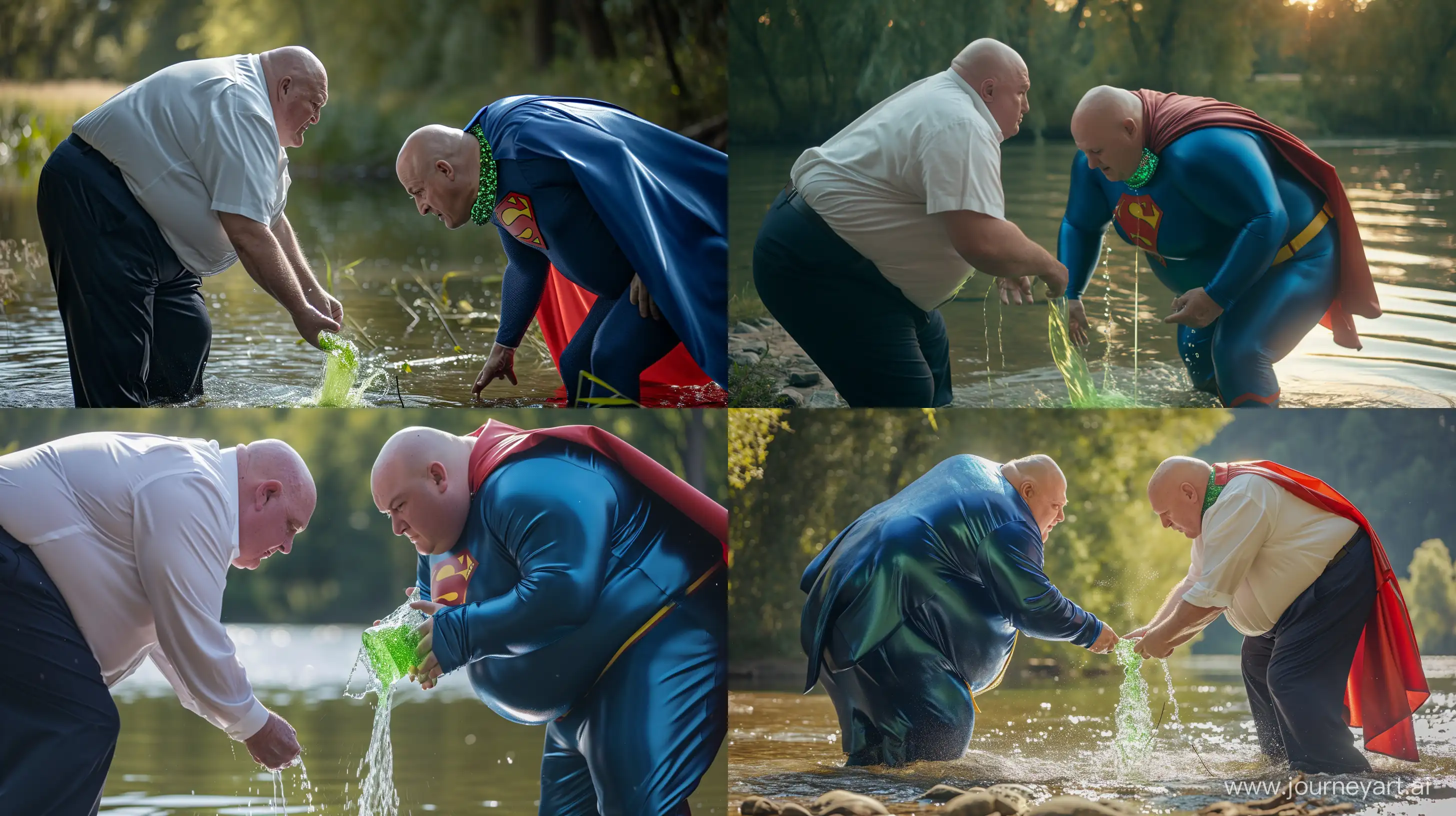 Close-up photo of a chubby man aged 60 wearing silky navy business pants and a white shirt, bending over sending green water to another chubby man aged 60 wearing a silky blue superman costume with a large red cape and a green glowing small short dog collar. River. Bald. Clean Shaven. --style raw --ar 16:9 --v 6