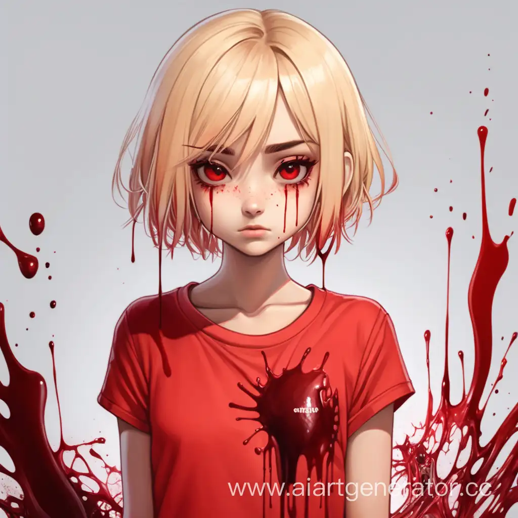 Мультяшная девушка, вся в красном, с кровью, блондинка с короткими волосами