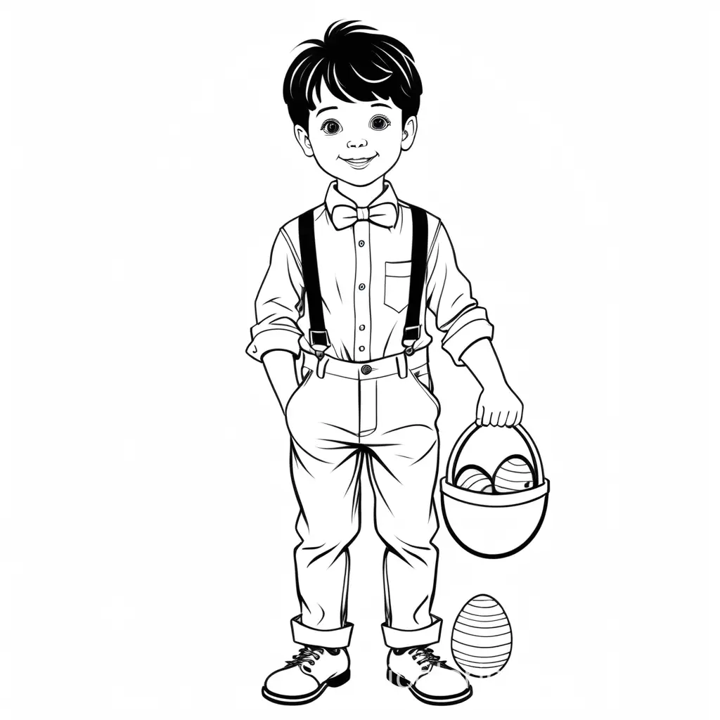 black lines, white background, a beautiful, well dressed, white pants  top and white shoes, and white suspenders, happy little boy is on an Easter egg hunt., Coloring Page, black and white, line art, white background, Simplicity, Ample White Space. The background of the coloring page is plain white to make it easy for young children to color within the lines. The outlines of all the subjects are easy to distinguish, making it simple for kids to color without too much difficulty