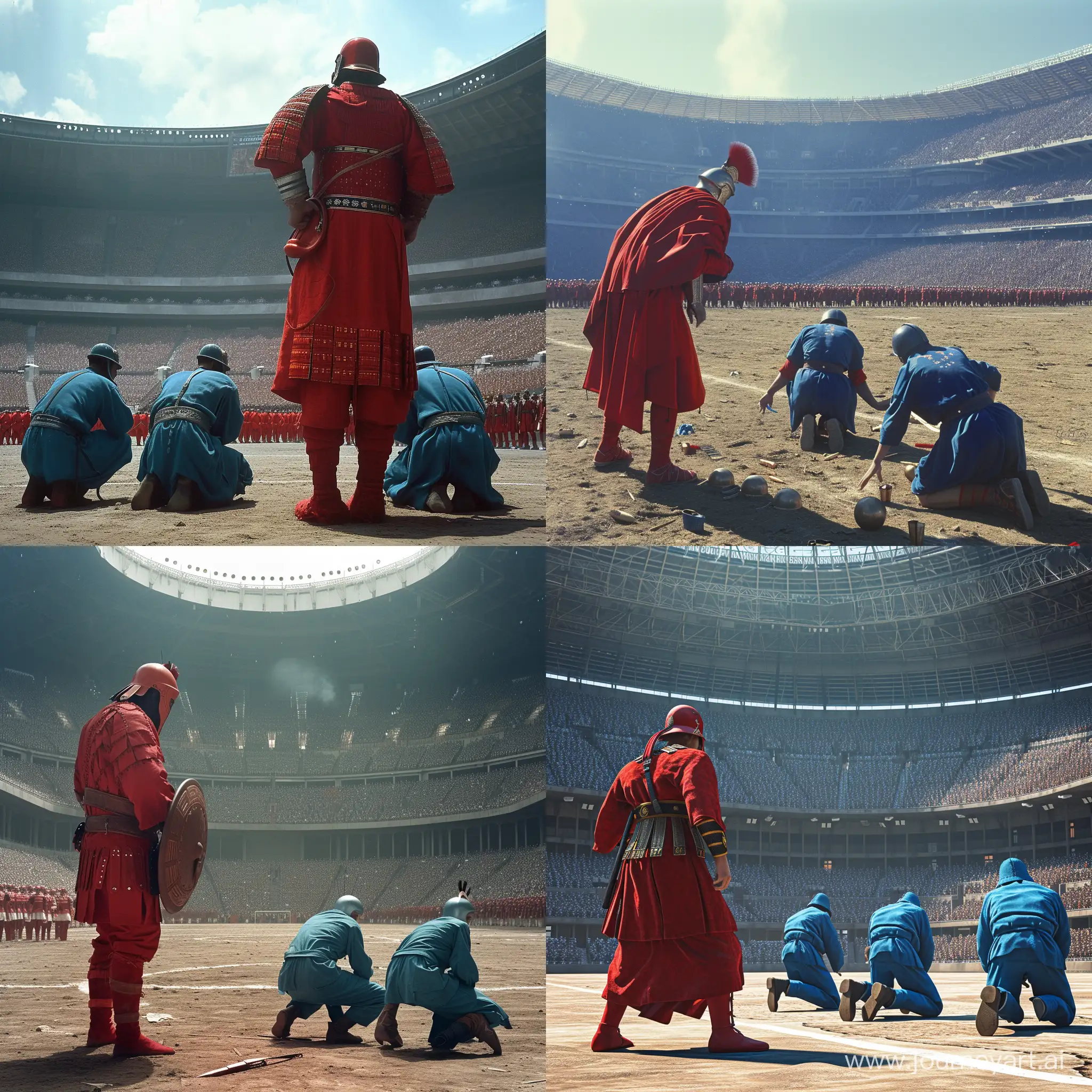 A red-clad Achaemenid soldier in a large football stadium, where three blue-clad Japanese soldiers kneel down and surrender in defeat.