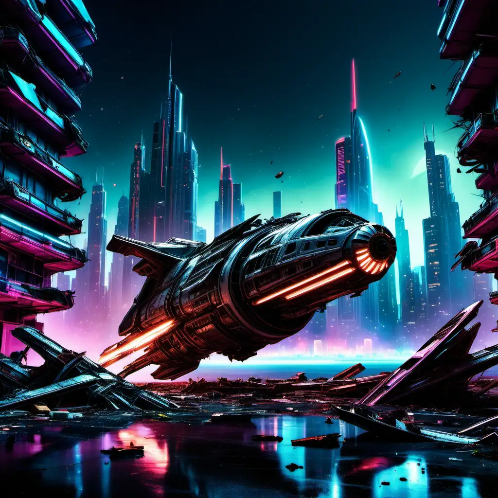 A crashed spaceship is seen in the foreground and in the background is a neon cityscape