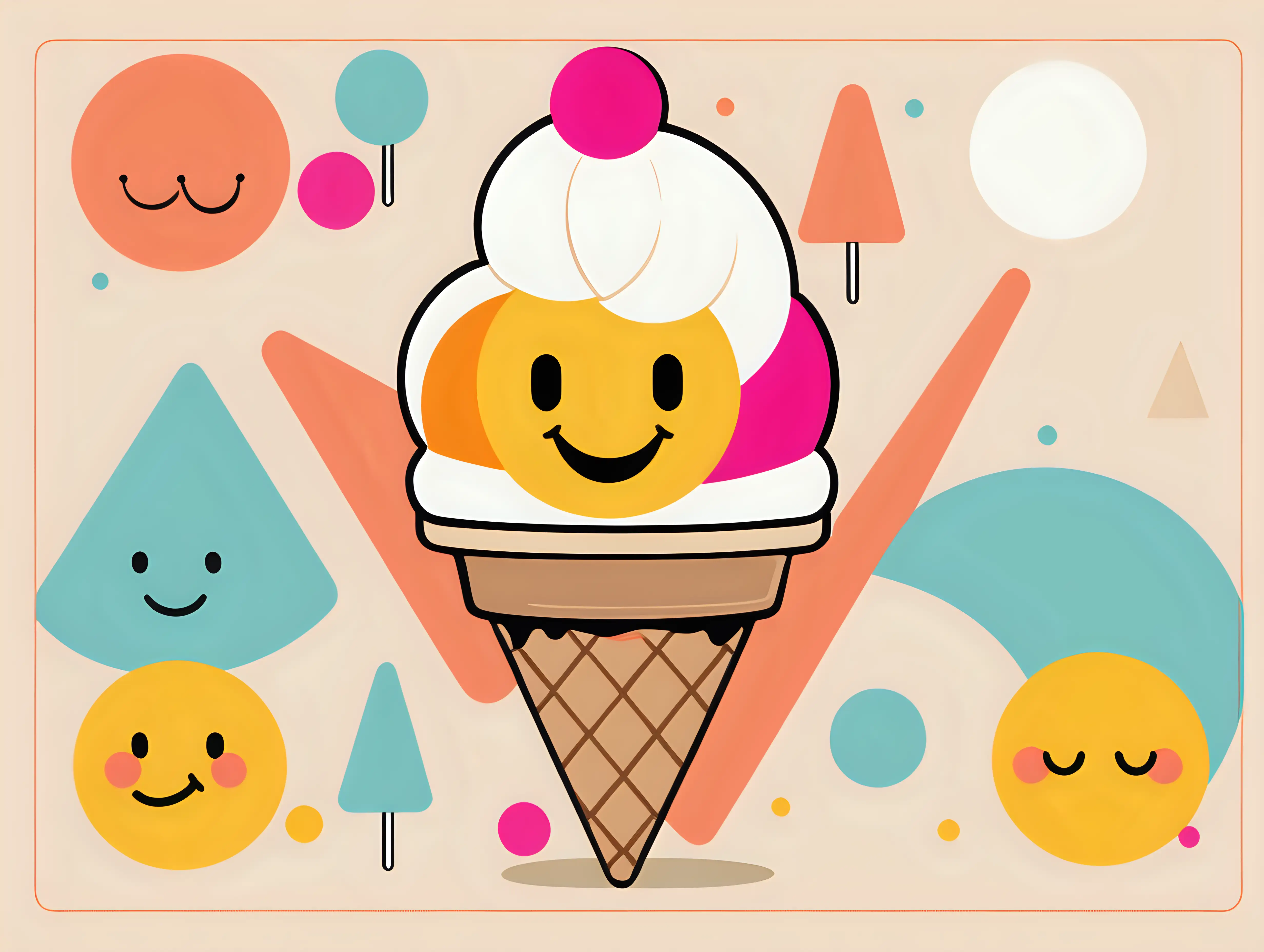  minimalist 1970's retro style ice cream with a smiley face on bright geometric shapes