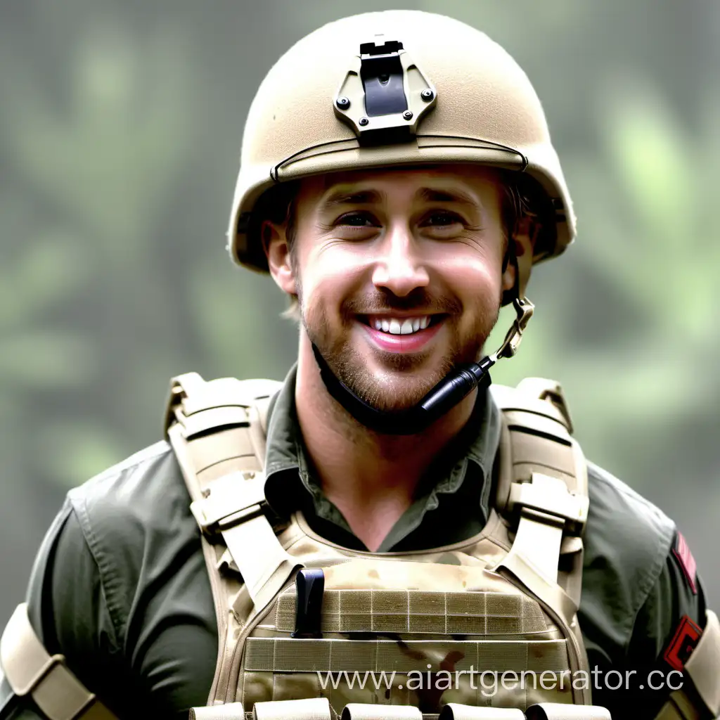ryan gosling, modern combat helmet, camouglage combat uniform, military plate carrier, wide smile