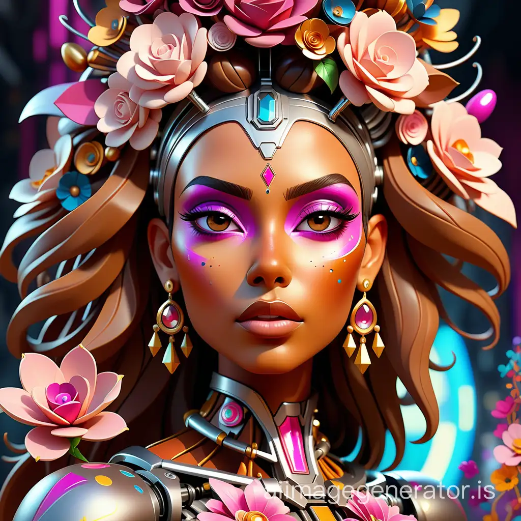  Get ready to be mesmerized by the stunning artistry of a caramel-skinned woman with high cheekbones, adorned with silver and colorful makeup. 🎨 But wait, there's more - she's surrounded by robotic motifs amidst a vibrant floral array, with pink and gold hues dominating the scene. 🌸✨ This masterpiece has been sculpted and hand-painted with precision, channeling Abdel Hadi Al Gazzar's majestic figures with a raw style merged with cosmic elements. 🌌 Hold on tight as we delve into a world of vanishing points and notions of a super highway at high speed, all brought to life through digital painting trending on ArtStation. 🖥️🎨 With influences from Beeple, Noah Bradley, Cyril Roland, and Ross Tran, this digital render is guaranteed to leave you in awe. Don't miss out on this visual spectacle, keep watching to witness the magic unfold! ✨