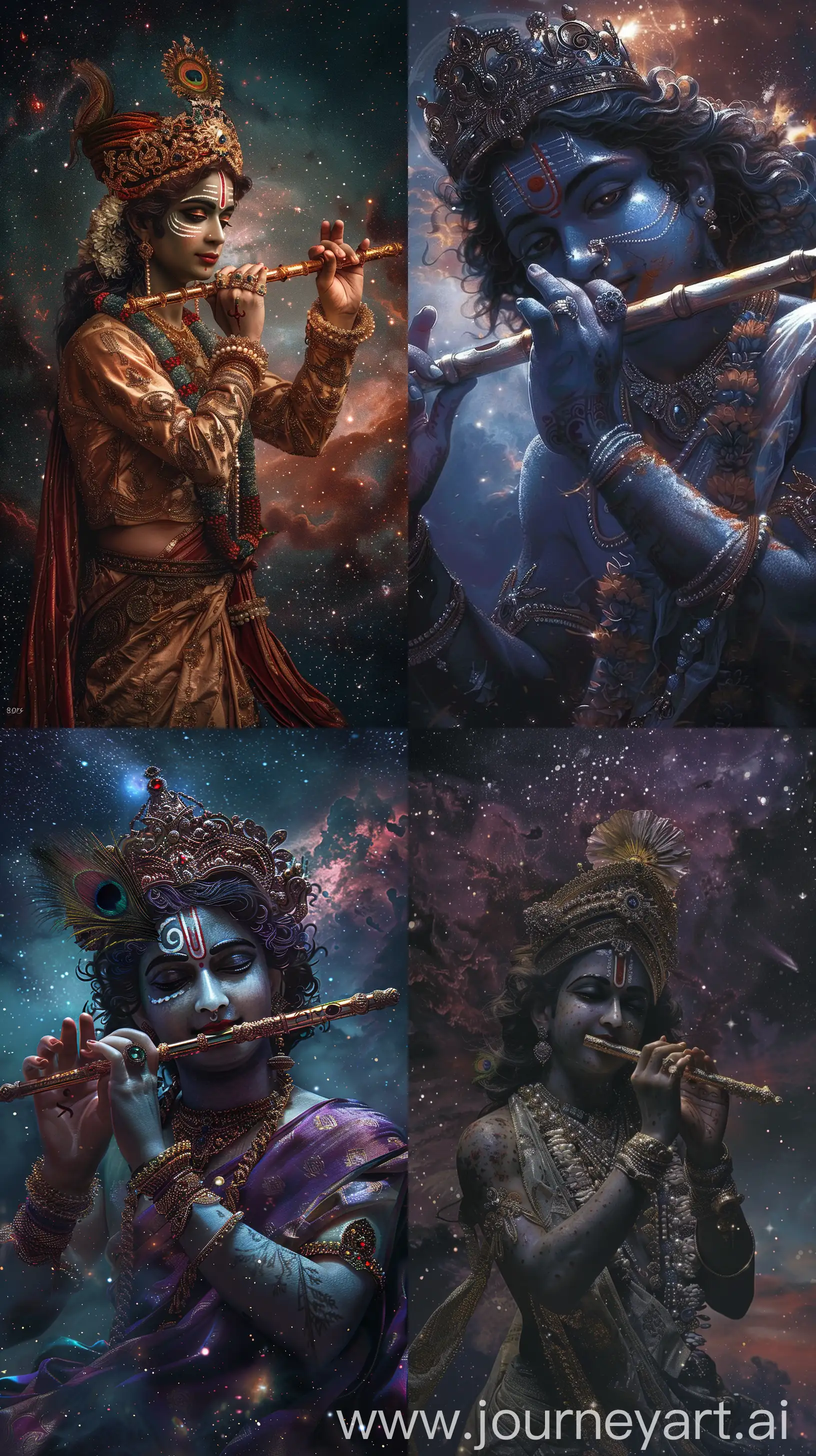 Lord Krishna Indian deity, Hinduism, in his thirties, holding a flute, celestial sky background, dim lighting, realistic facial features, clean-shaven, crowned, intricate details, 8k quality --ar 9:16 --v 6