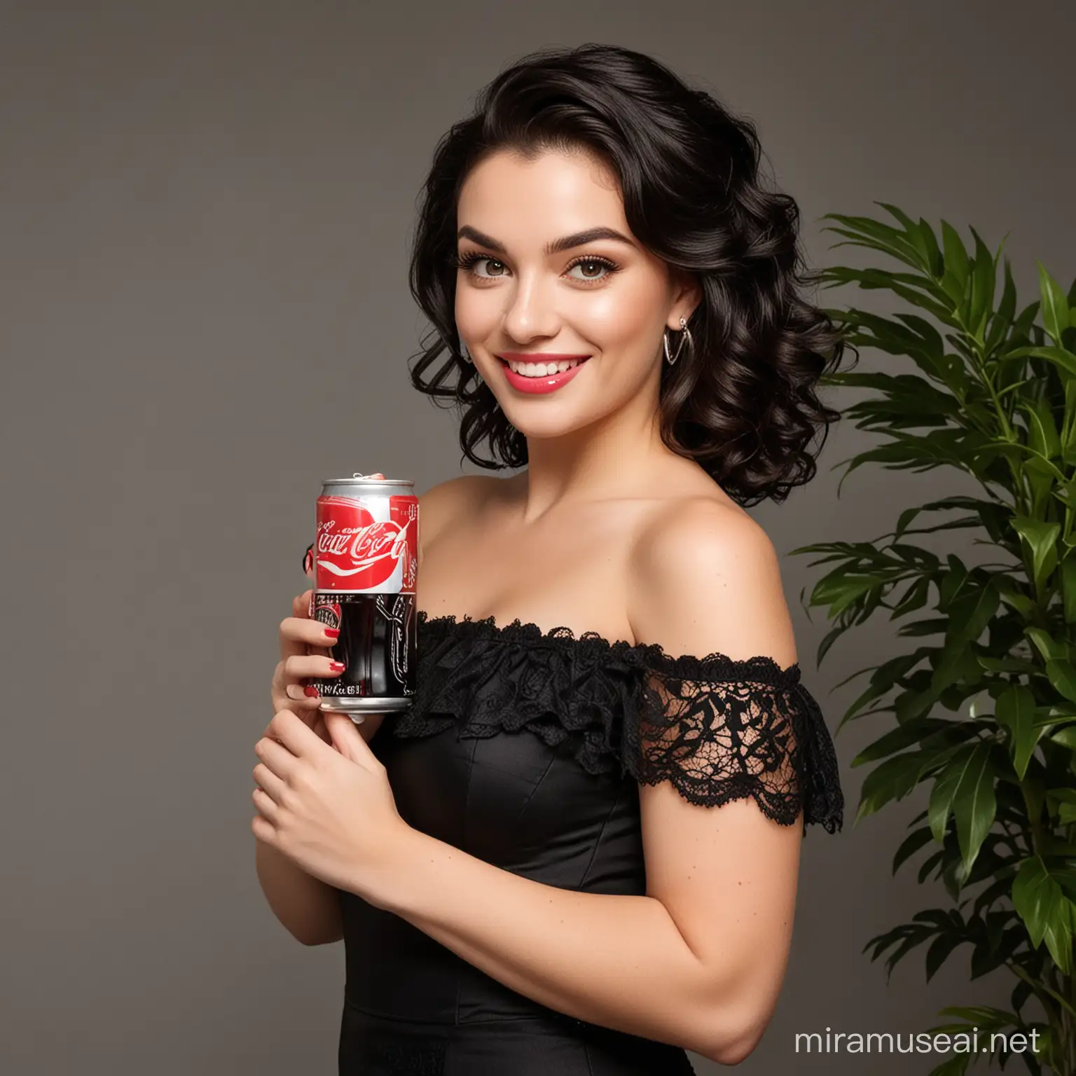 A confident, smiling BEAUTIFUL WHITE WOMAN. She has a full figure and wears an off-the-shoulder dress with a black lace trim. The dress features a bold pattern of coca cola cans on a dark background. She has voluminous, curly black hair that cascades down her shoulders in tight ringlets, with one side pinned up to create an asymmetrical look. Her makeup is impeccable, with long eyelashes, winged eyeliner, and a soft pink lipstick. In her manicured hands, she holds a coca cola can, her nails painted in a glossy nude polish. The setting is a cozy room with a hint of greenery, such as a potted mango plant in the background. The lighting is warm, giving her skin a gentle glow. The overall style is hyper-realistic with a touch of digital smoothing to give it a polished, illustrative quality, 32k render, hyperrealistic, detailed.