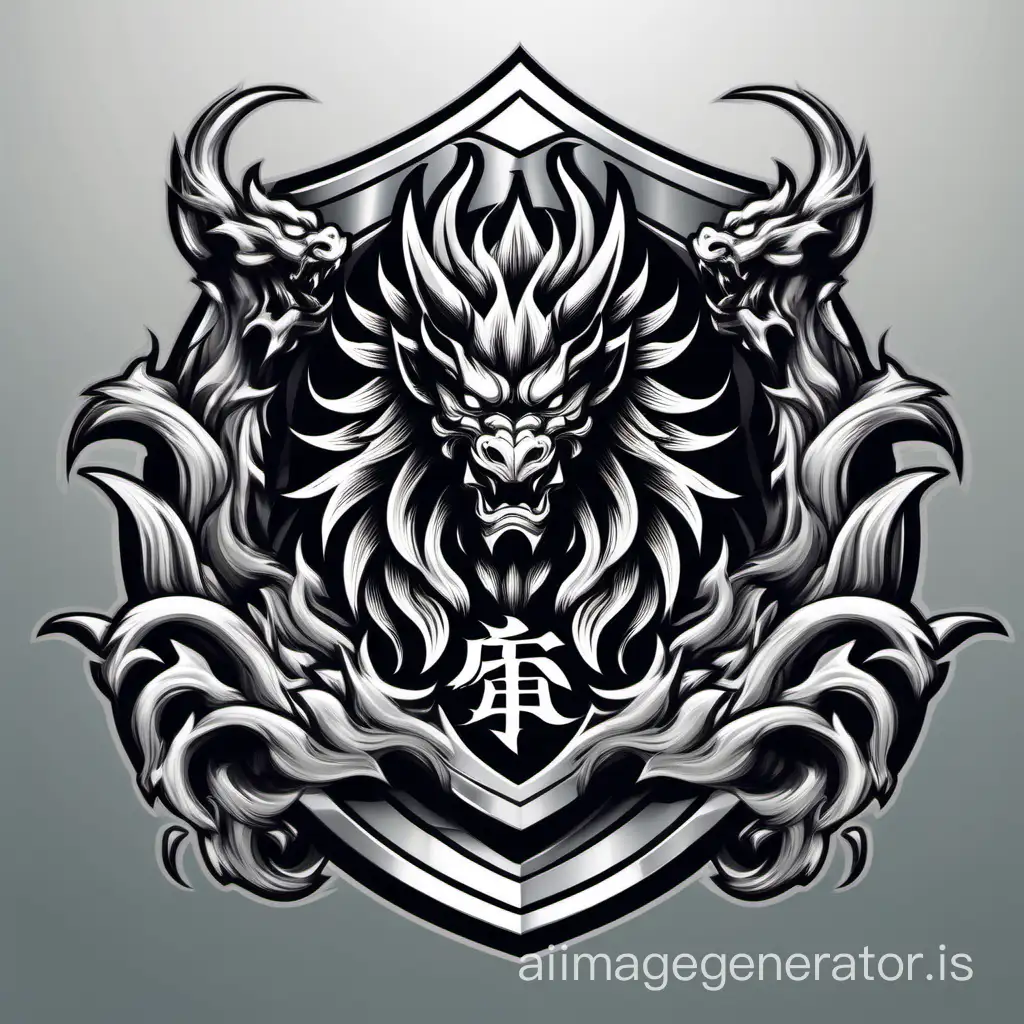 logo samurai emblem with dragons on the sides. Mane, roar, strength, power, authority, vector graphics, illustration, 4K, detailing, silver background
