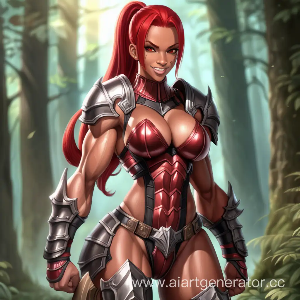 Fantasy Forest, 1 Person, Women, Human, Scarlet Red Hair, Long hair, Ponytail Hair style, Dark Brown Skin, Red Full Body Armor,  Chocer,  Black Liptsick, Serious smile, Big Breasts, Brown eyes, Sharp Eyes, Flexing Muscles, Big Muscular Arms, Big Muscular Legs, Well-toned body, Muscular body, 