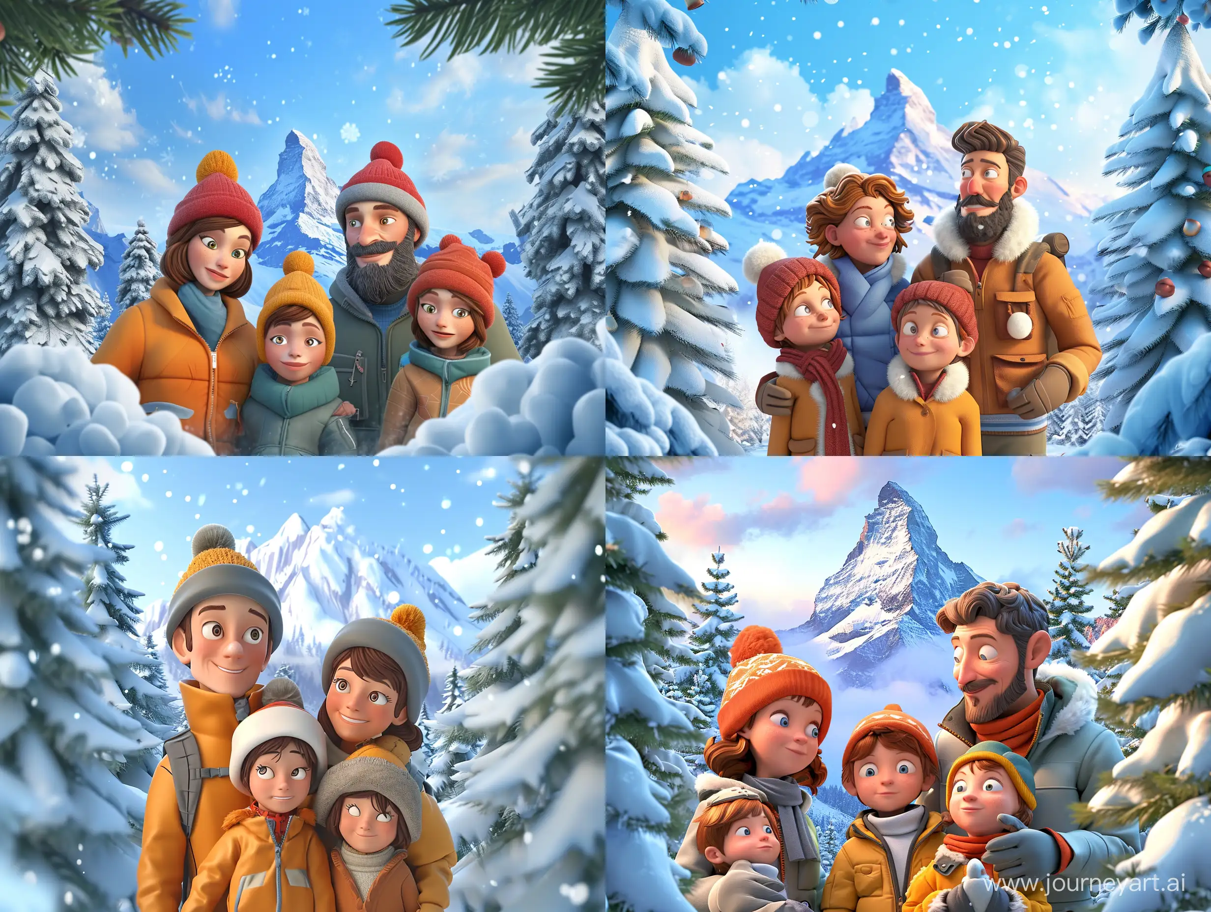 3d style. Family (mom dad and 2 kids) looking at us who is dressed in warm winter gear and in the background is a snowy mountain, and on the sides are snowy fir trees