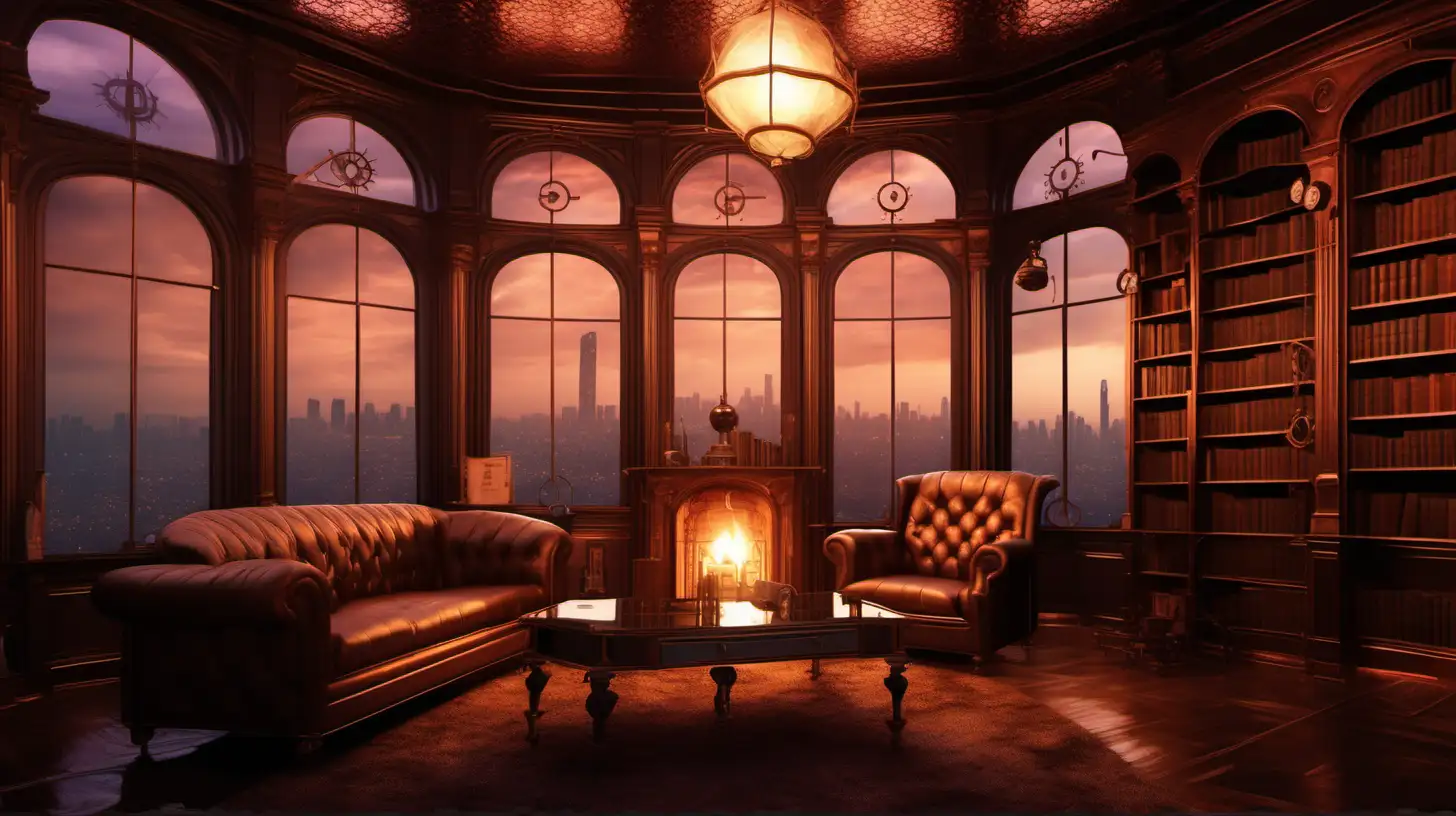 A steampunk-inspired library at twilight, with a fireplace and one large bay window looking out on a vast city, copper-plated walls and ceiling. Cinematic lighting, photographic quality.