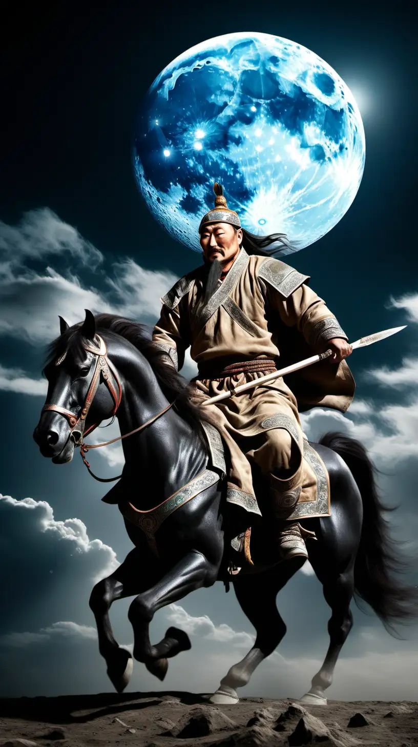 In the hands of Genghis Khan, the moon has risen from the sky and the weather is dark
