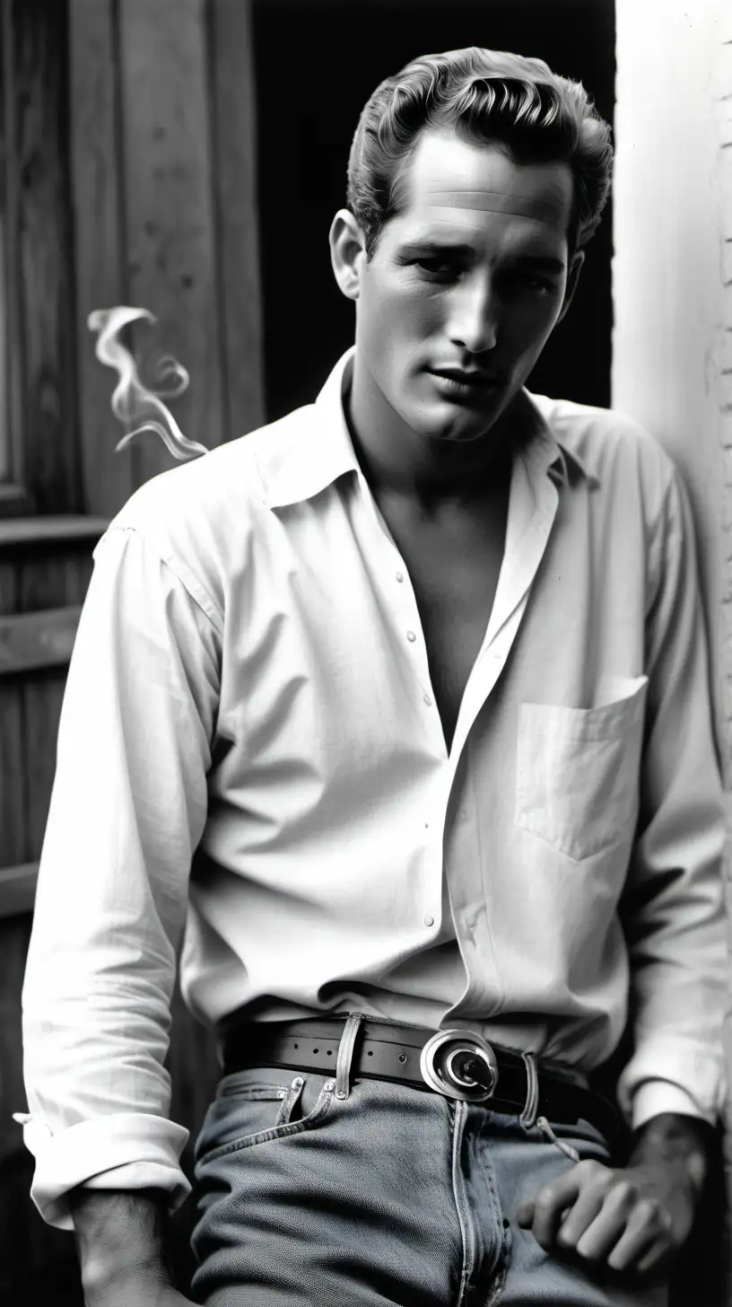 A young Paul Newman is in a sexy pose, smoking a cigarette, and in blue jeans with a white shirt. This is a black-and-white old photo from the 50's, V6.0, shot with a 35mm cinematic camera.
