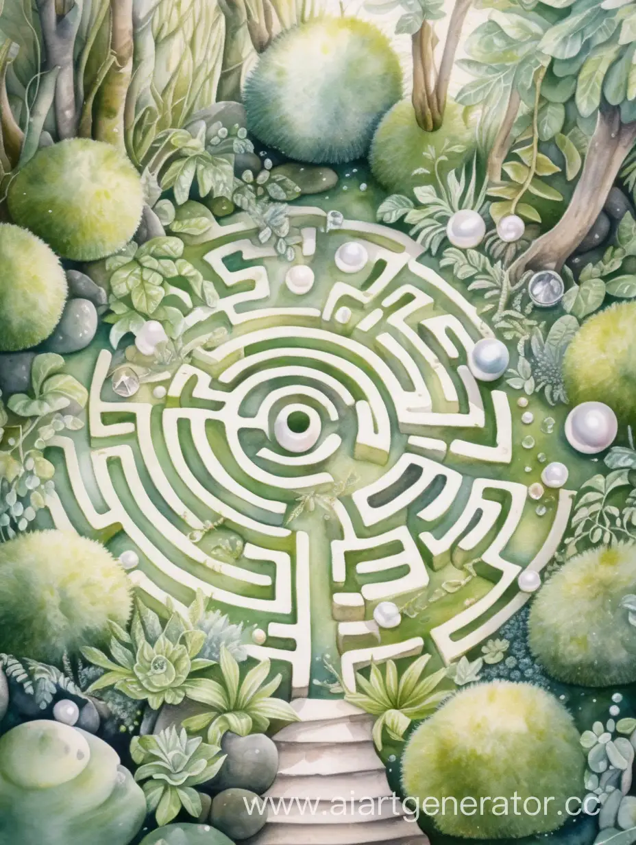 Luminous-Watercolor-Painting-Enchanting-Labyrinth-View-with-Diamonds-Pearls-and-Moss