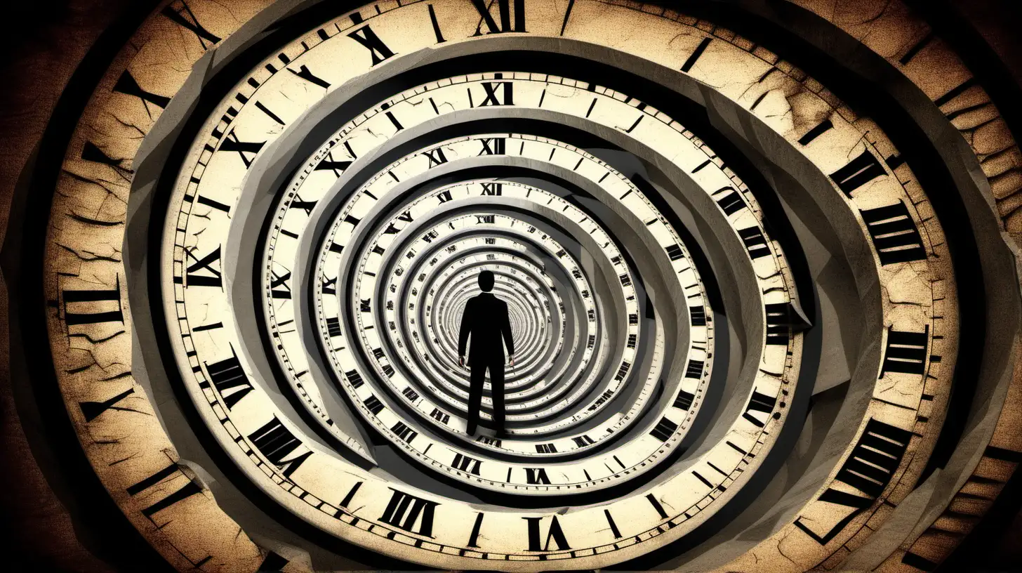 Man Trapped in Time Surreal Clock Spiral Art