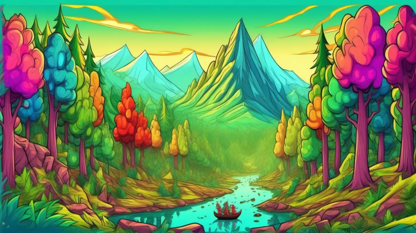 beautiful colorful scene of an epic journey through a forest with a big mountain in the background in fun cartoon style