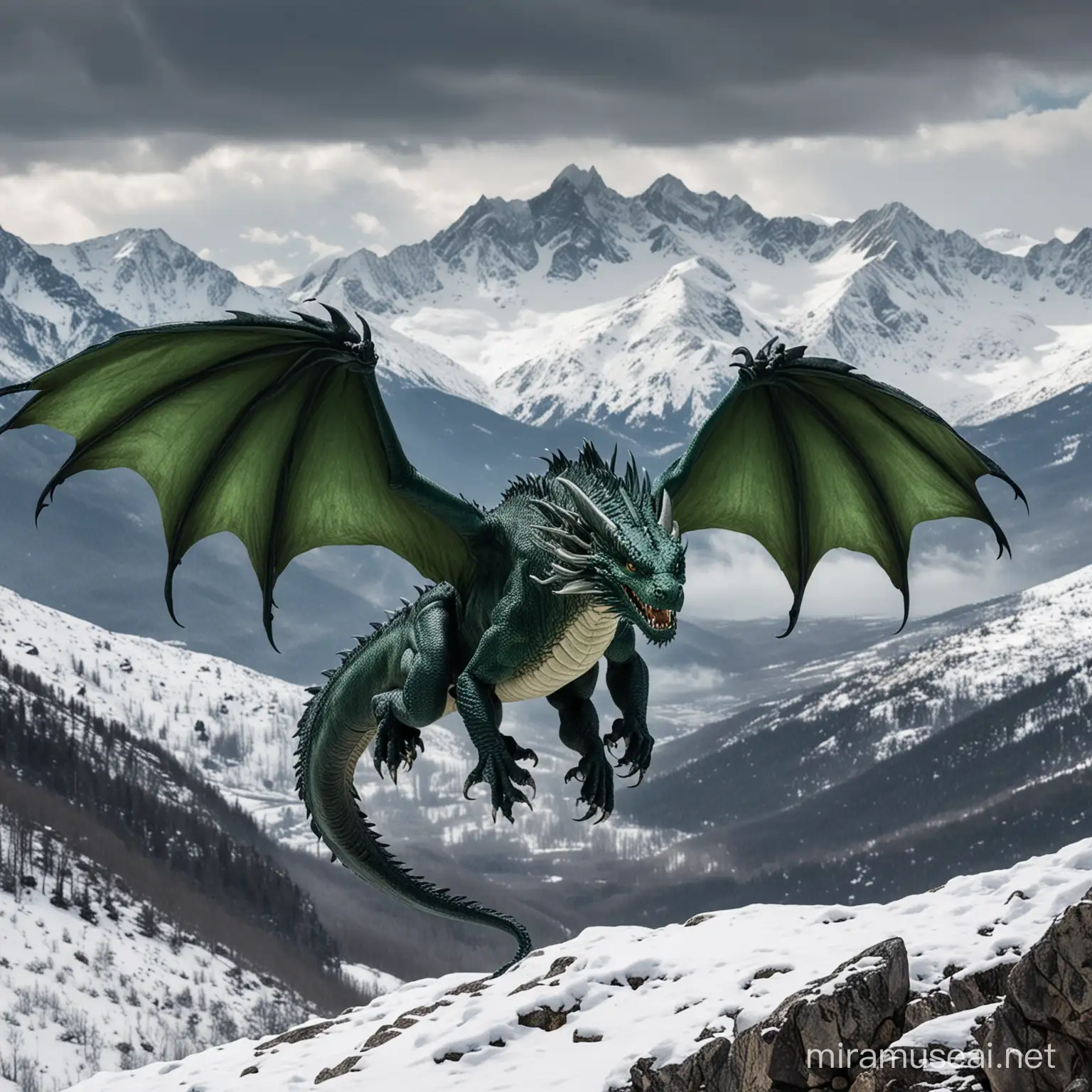 Темно зелений дракон на фоні сніжних гір.