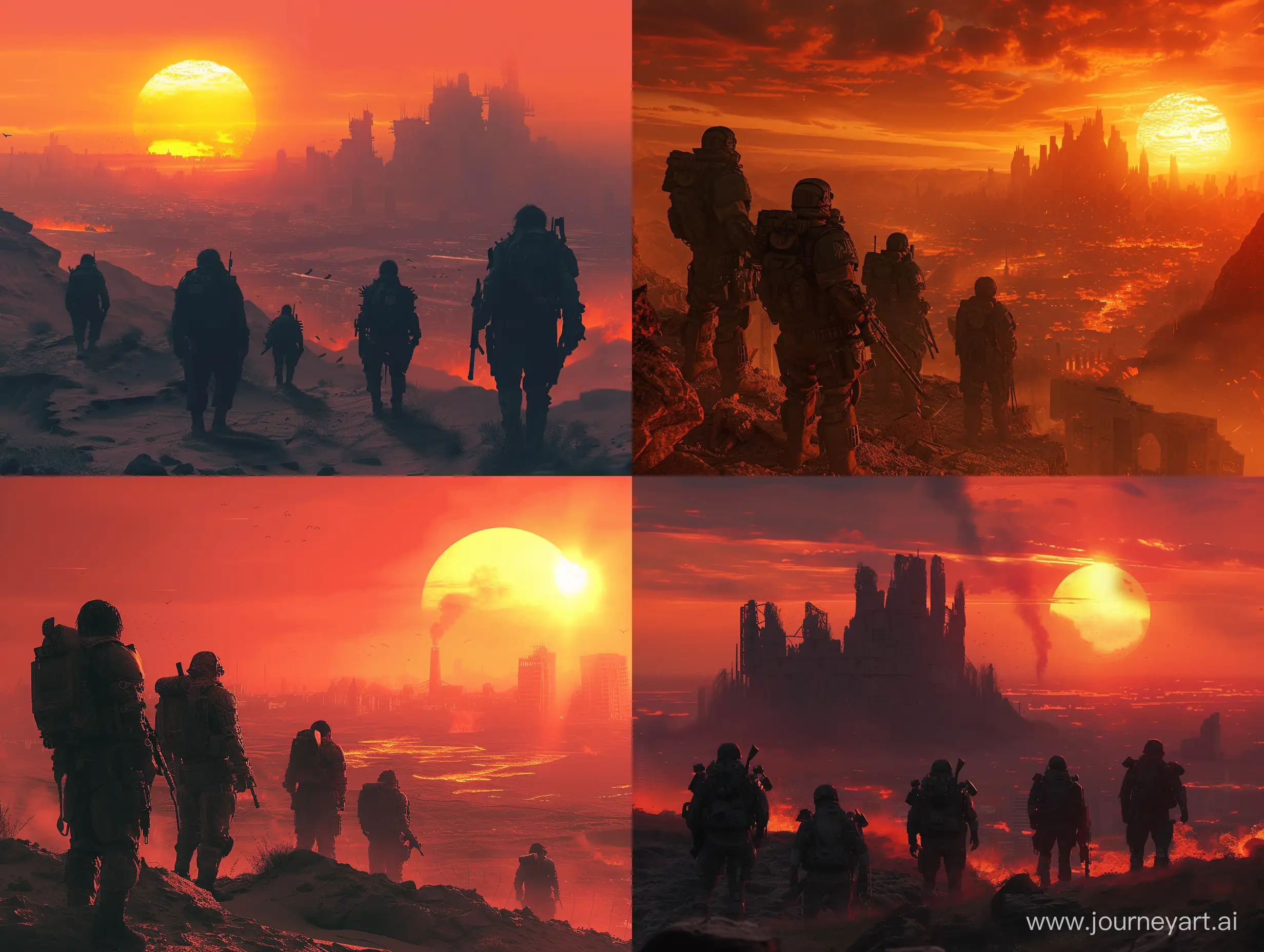 Multiple science fiction soldiers, Mad Max inspiration, gothic style, looming city, setting sun, burning landscape in the background, cinematic style.