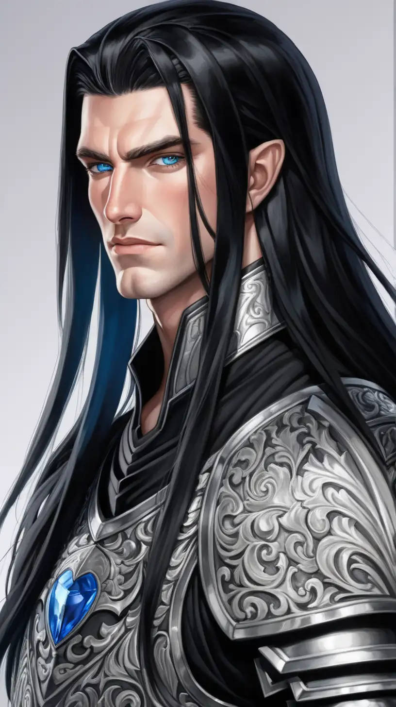 A man in his late 20s with long black hair and blue eyes. Clean-shaven. Athletic. Sharp facial features. Elaborate black armor. Prideful expression