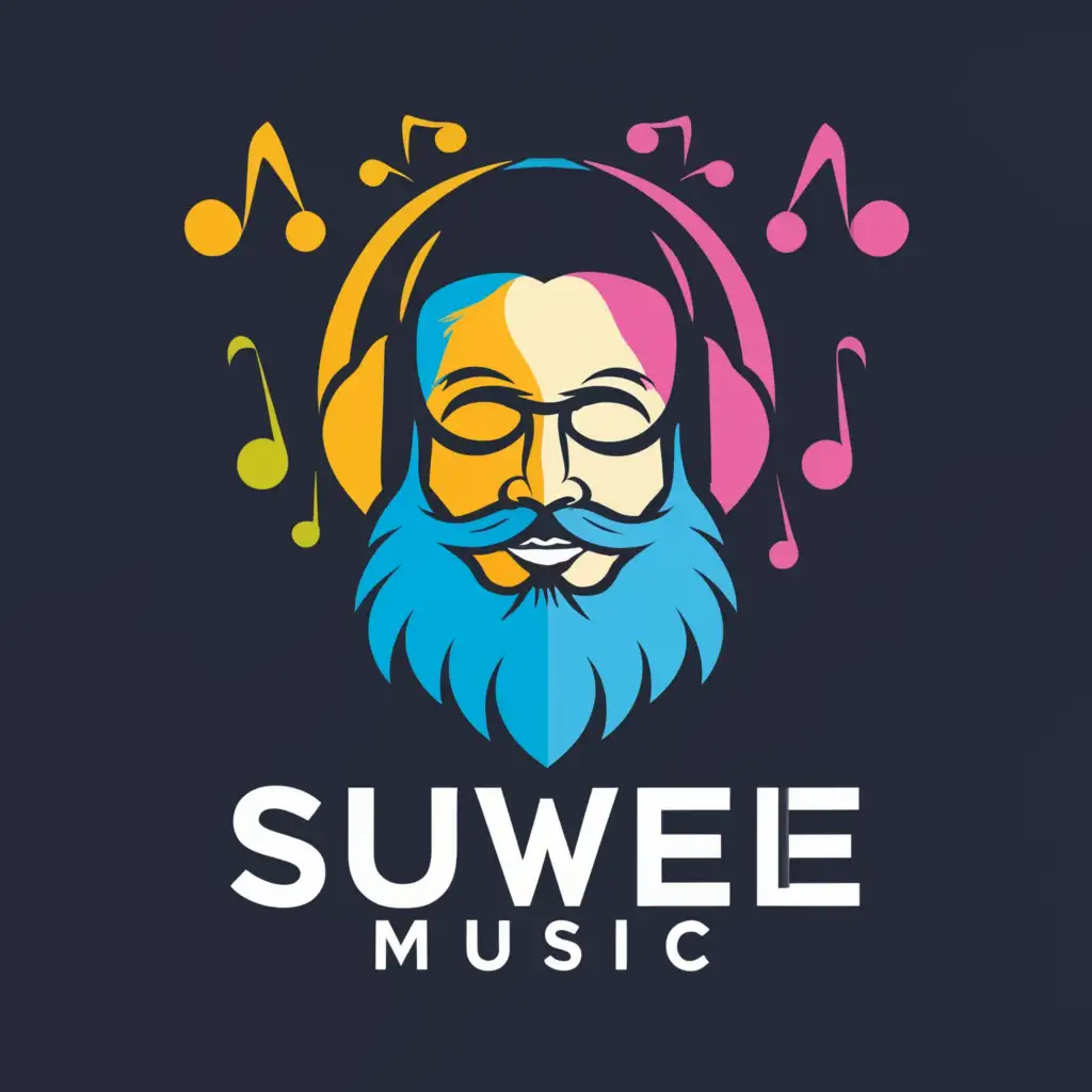 a logo design,with the text "SUWEI MUSIC Personalized
", main symbol:Middle-aged man with a beard, colorful, headphones, pipe,Moderate,clear background