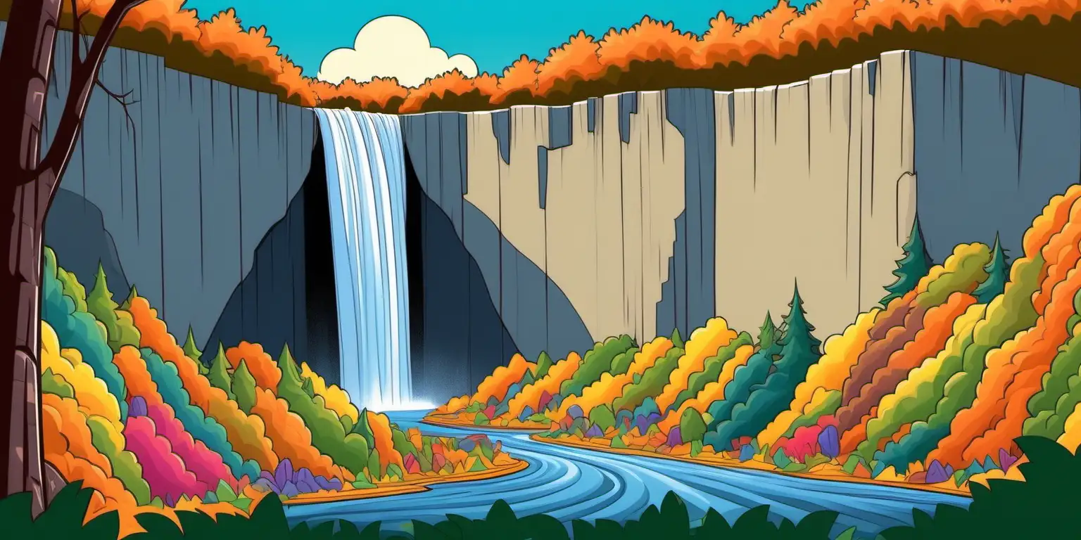 cartoon of a wide waterfall over cliffs in a colorful forest