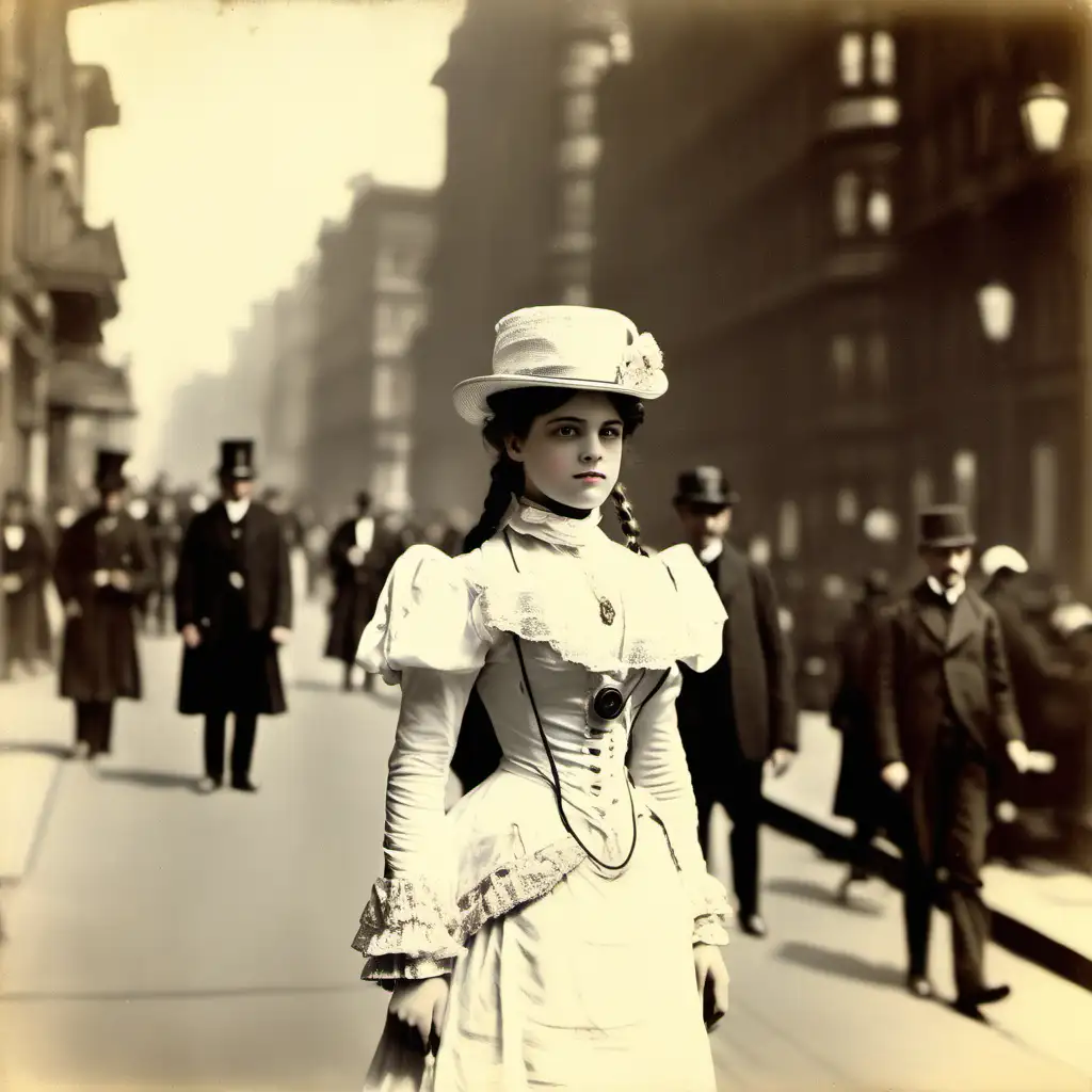 Vintage photograph, 1900s, street of a big city, a girl shows up, white details, steampunk 