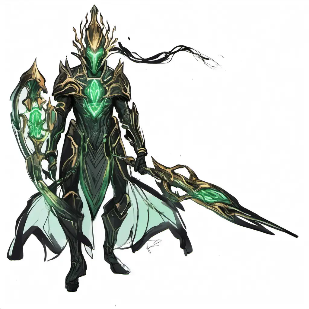 Elden ring style Erdtree tree sentinel With black gold and red armor, with green emerald glowing jewels with a knight in shining armor with tree's sprouting from shoulders with a biomechanical living tree themed armor growing suit borg warframe style amor and a living sword and a living shield mutated shield on his right arm in the style of a character concept art only black and white linework in a style similiar to kroniksempai's warframe concept art