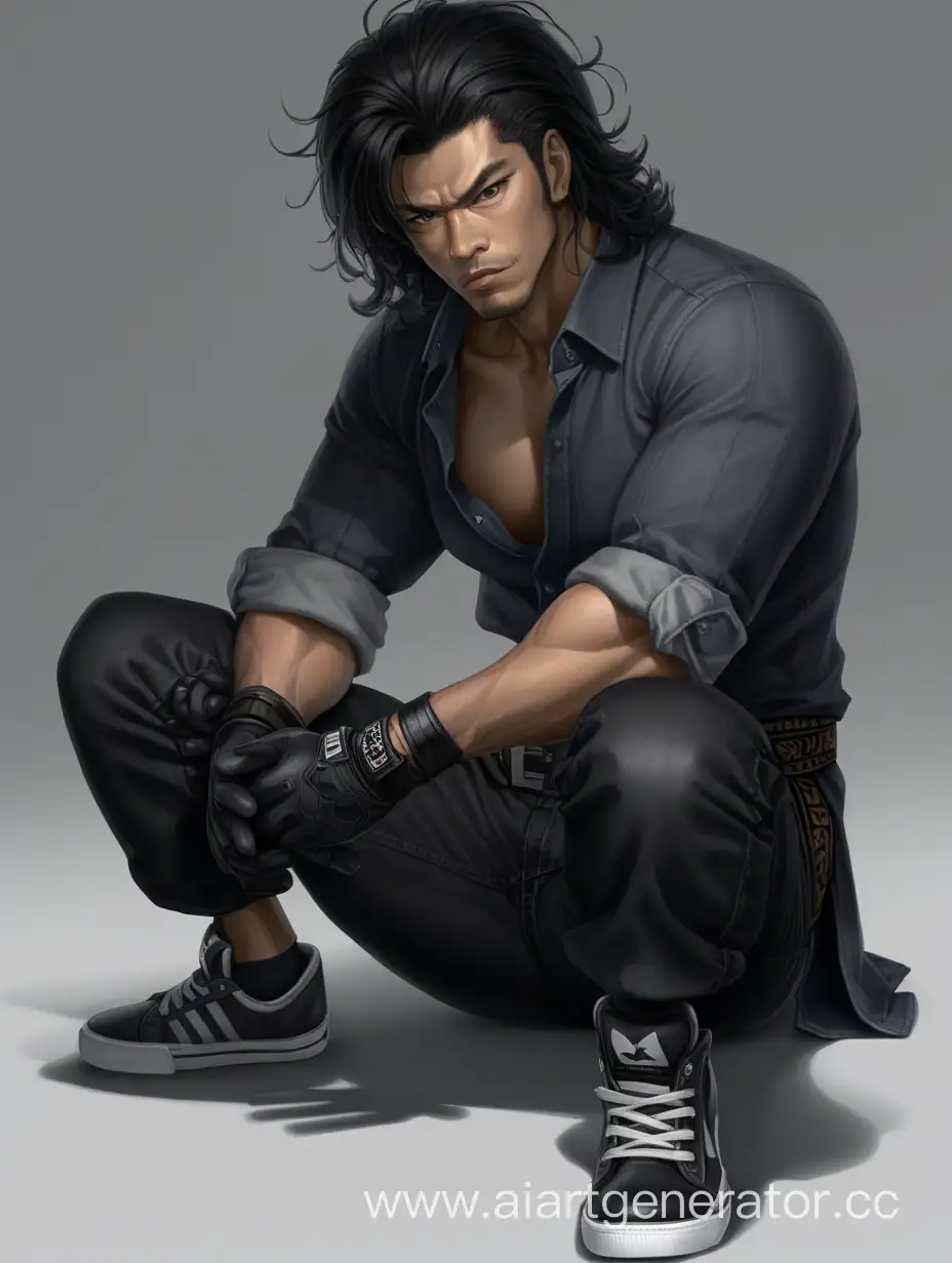Мужчина, немного накачен, сидит раздвинув ноги, слегка смущён, опирается руками об пол, чёрные самурайские волосы, тёмно-серая рубашка с загнутыми рукавами, чёрные перчатки, чёрные джинсы с ремнём, кроссовки чёрные.