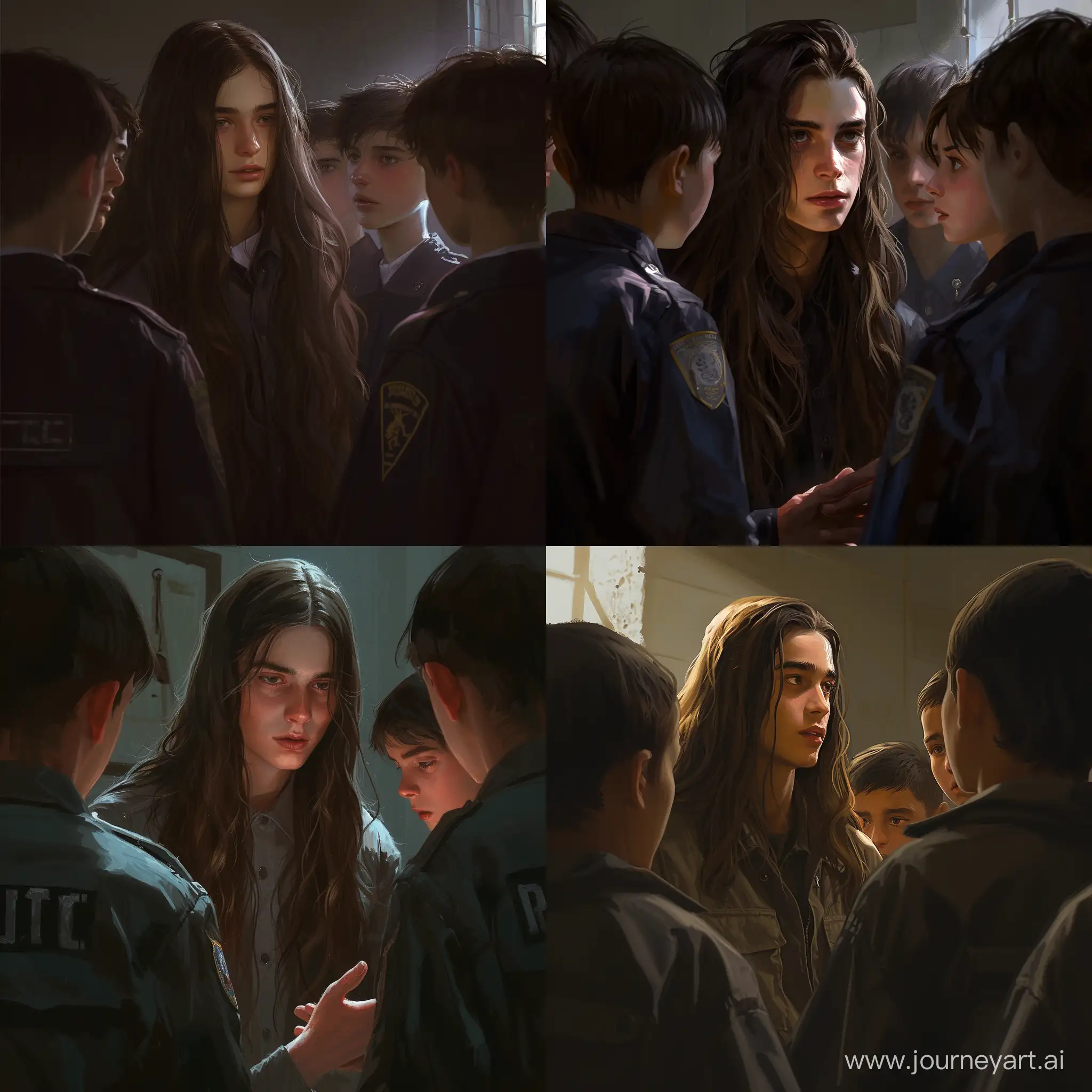 A 17-year-old boy with long brown hair is holding a meeting with police boys, consisting of 14-year-old boys. The scene depicts a 20th century style, with realistic details and dim lighting creating an atmosphere of mystery and intrigue. Visually, the image must be rendered with a high degree of detail, with carefully detailed facial features and clothing. The lighting should be dim, creating shadows and emphasizing the realism of the scene. The mood of the image should be tense and mysterious, making the viewer think about the progress of the meeting and the relationships between the characters