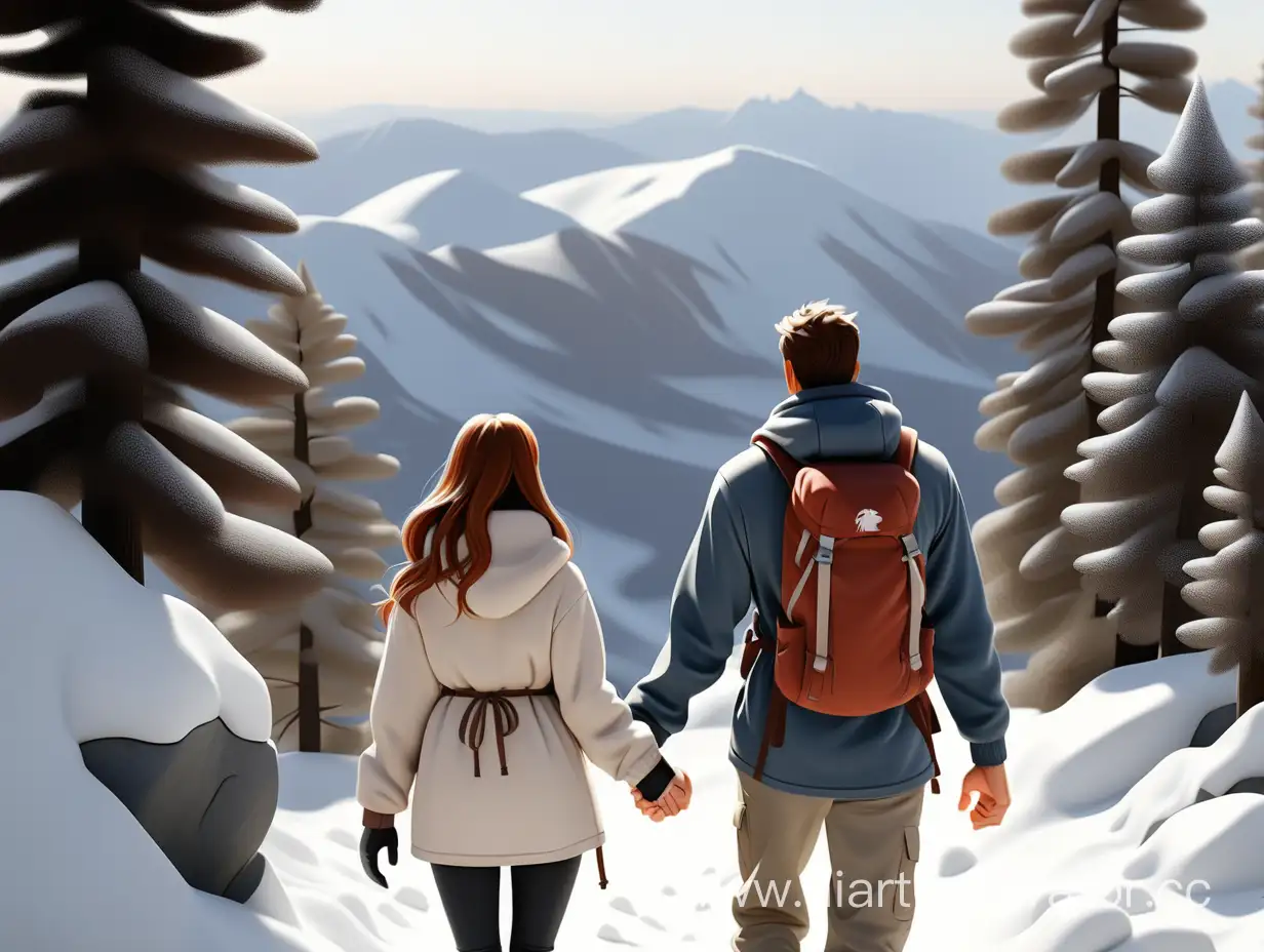 Loving Wife and husband holding hands after hiking a snowy mountain while contemplating a beautiful scenery. 