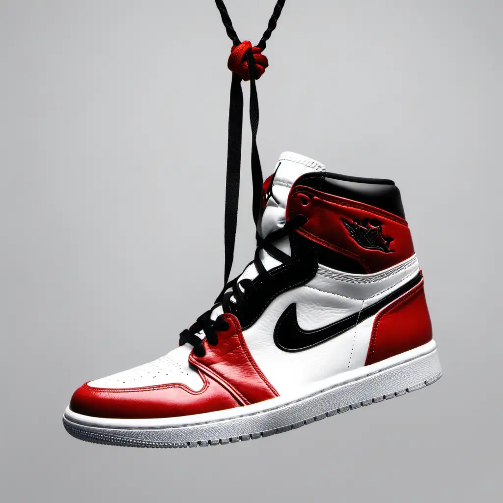 Stylish Red Black and White Jordan Sneakers Suspended by Laces