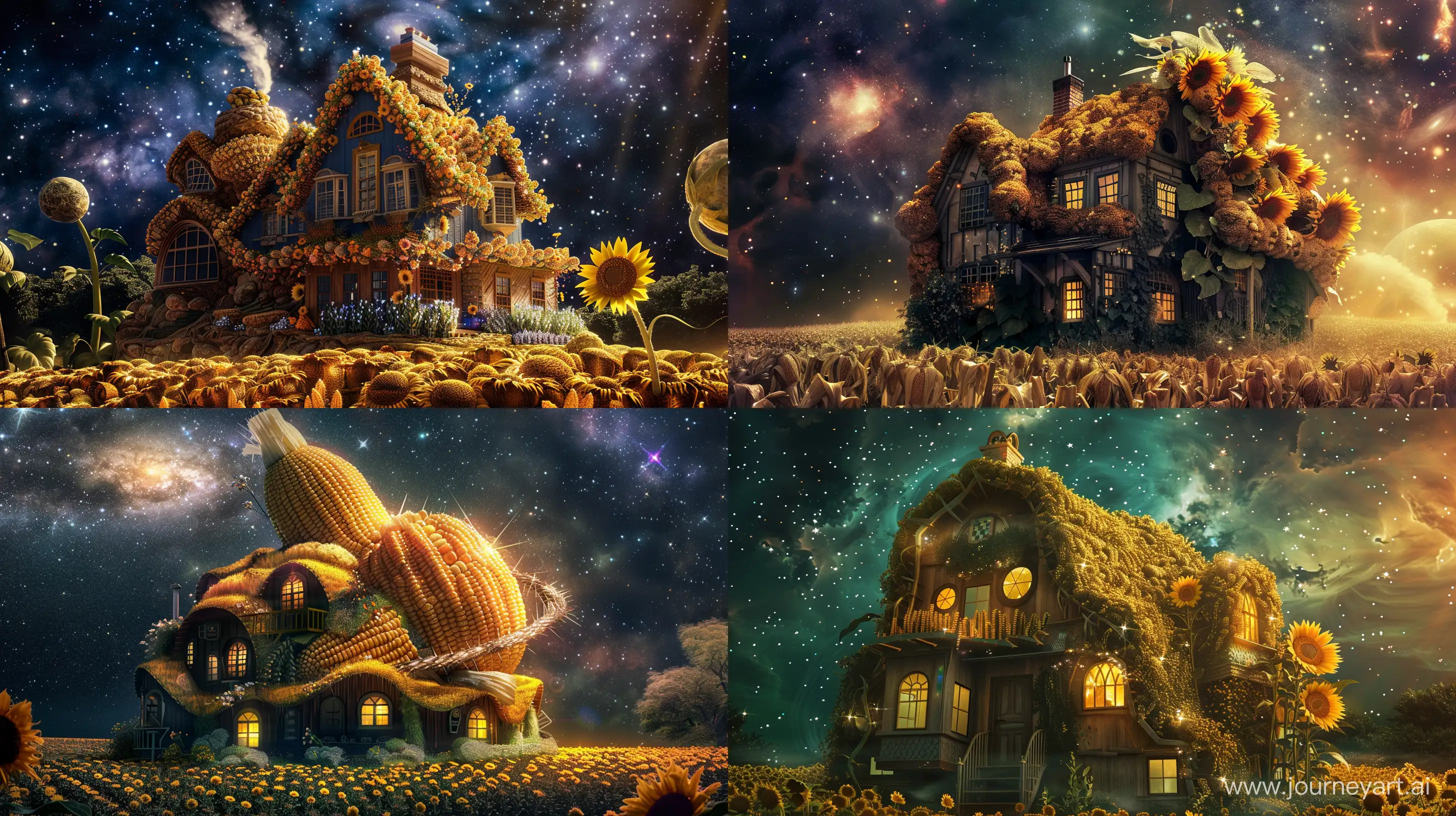 big house in the shape of corn and sunflower, in the galaxy, fantasy style, realistic --ar 16:9