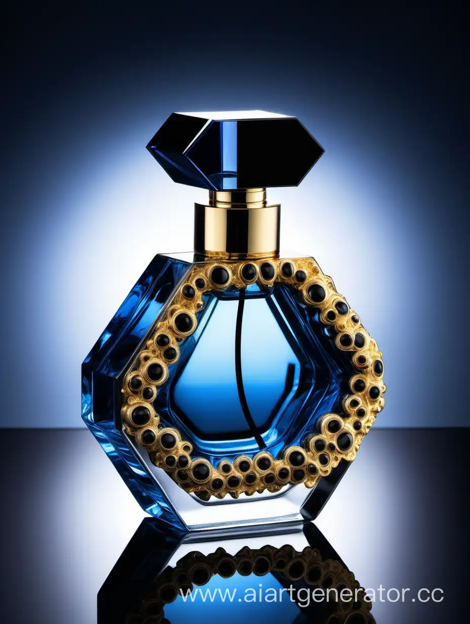 Elegant-Crystal-Clear-Perfume-Bottle-in-Blue-Black-and-Gold