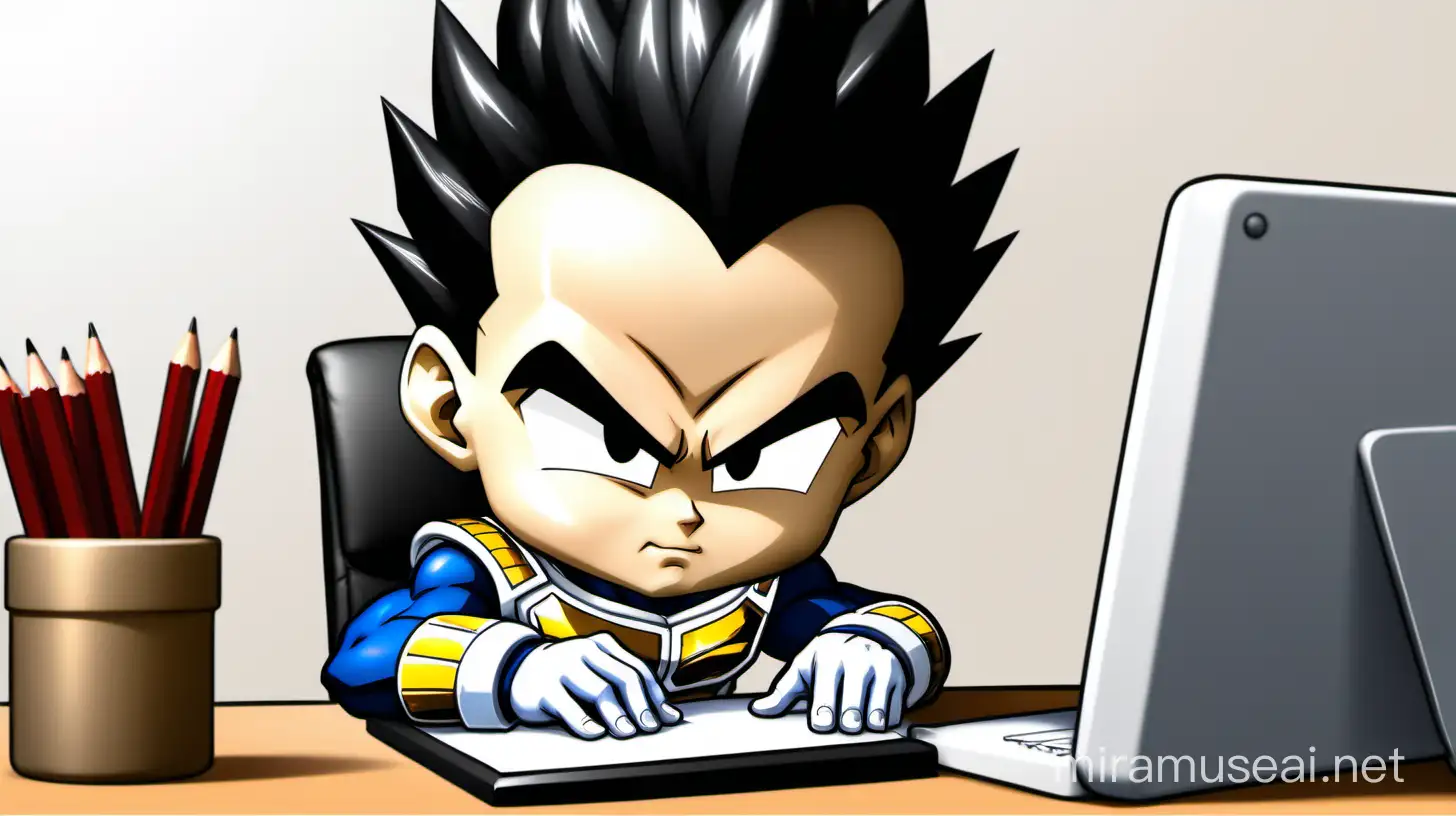 style chibi, vegeta sitting at desk, looking at computer screen, pencil in hand