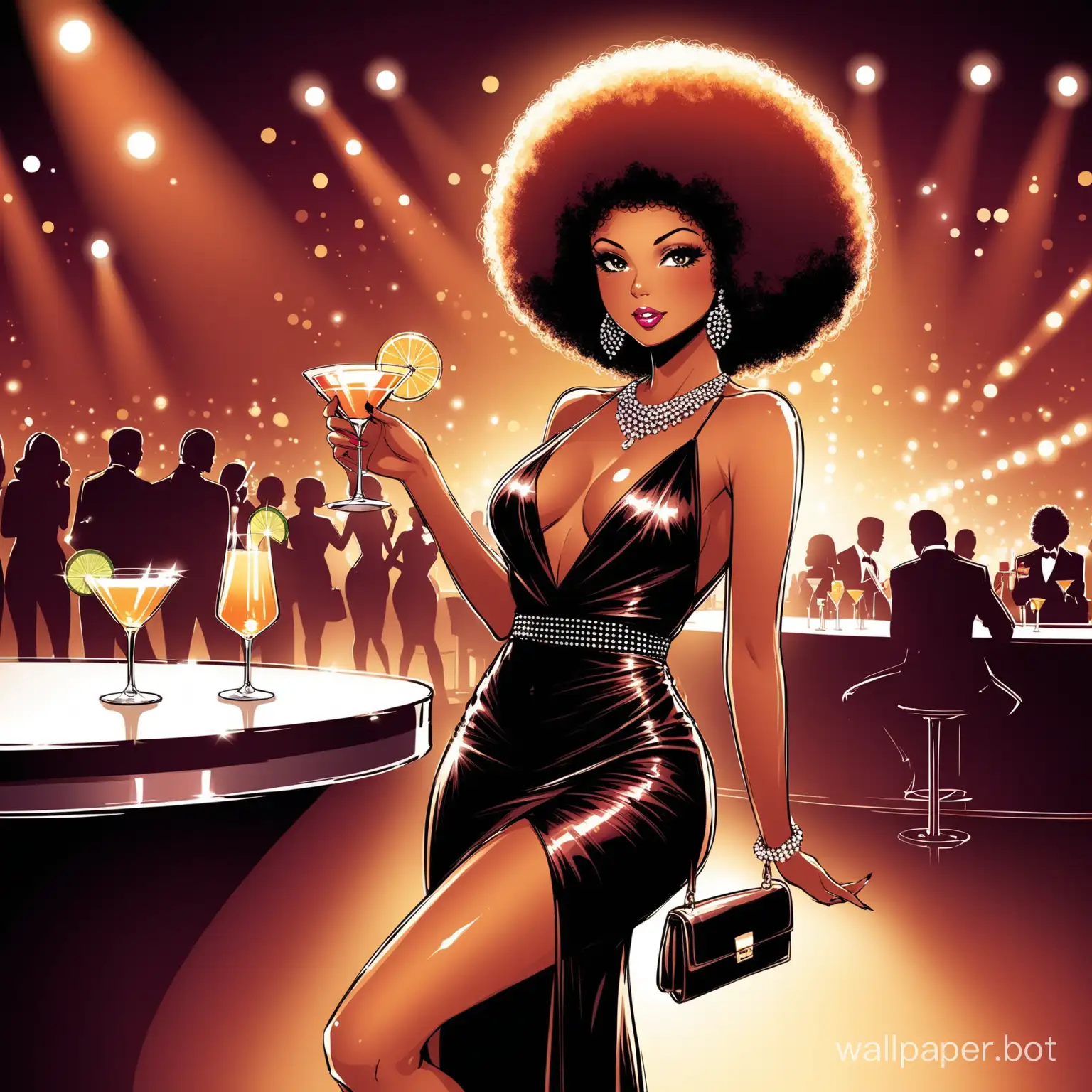 sexy glamourous lady with an afro in a a nightclub , holding a martini cocktail in her hand and designer bag on the table, wearing  high heels and an expensive cocktail dress   -  illustration