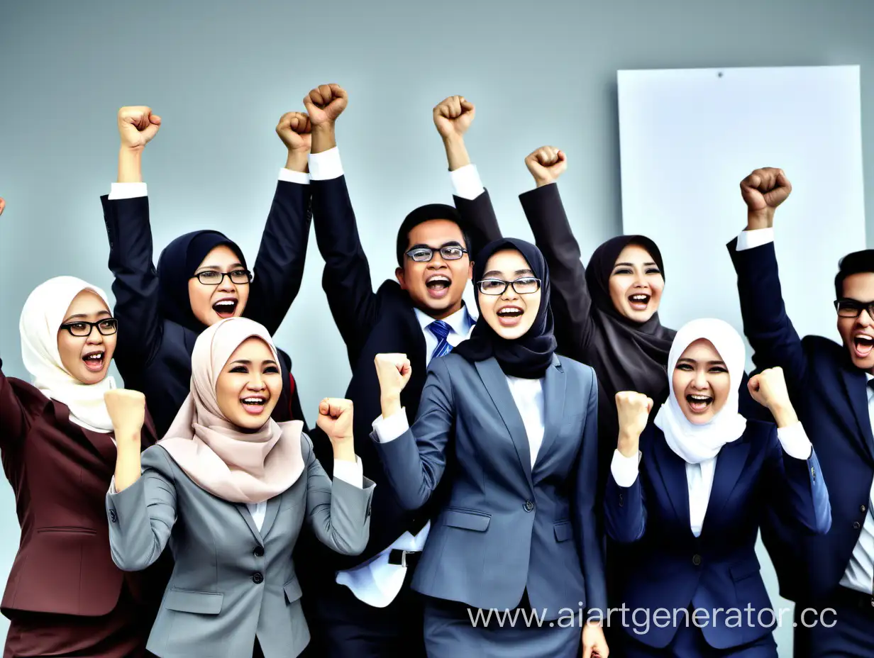 foto tentang kegembiraan bankir di indonesia yang terdiri dari  6 orang pria berjas dan memakai dasi. 4 orang wanita berjilbab. Mereka mengacungkan kepalan tangan sembari berteriak, di atas mereka ada tulisan besar "ACHIEVE Rp. 1,7 Milyar PER BULAN". foto super realistik. Raut muka tampak detil kegembiraannya. 