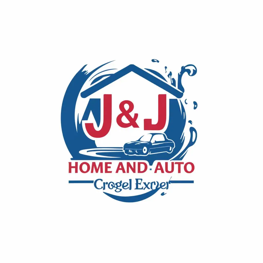 logo, House, Car with water around it Blue and Red Logo with Black Lettering. , with the text "           j & j 
Home and Auto
", typography, be used in Travel industry