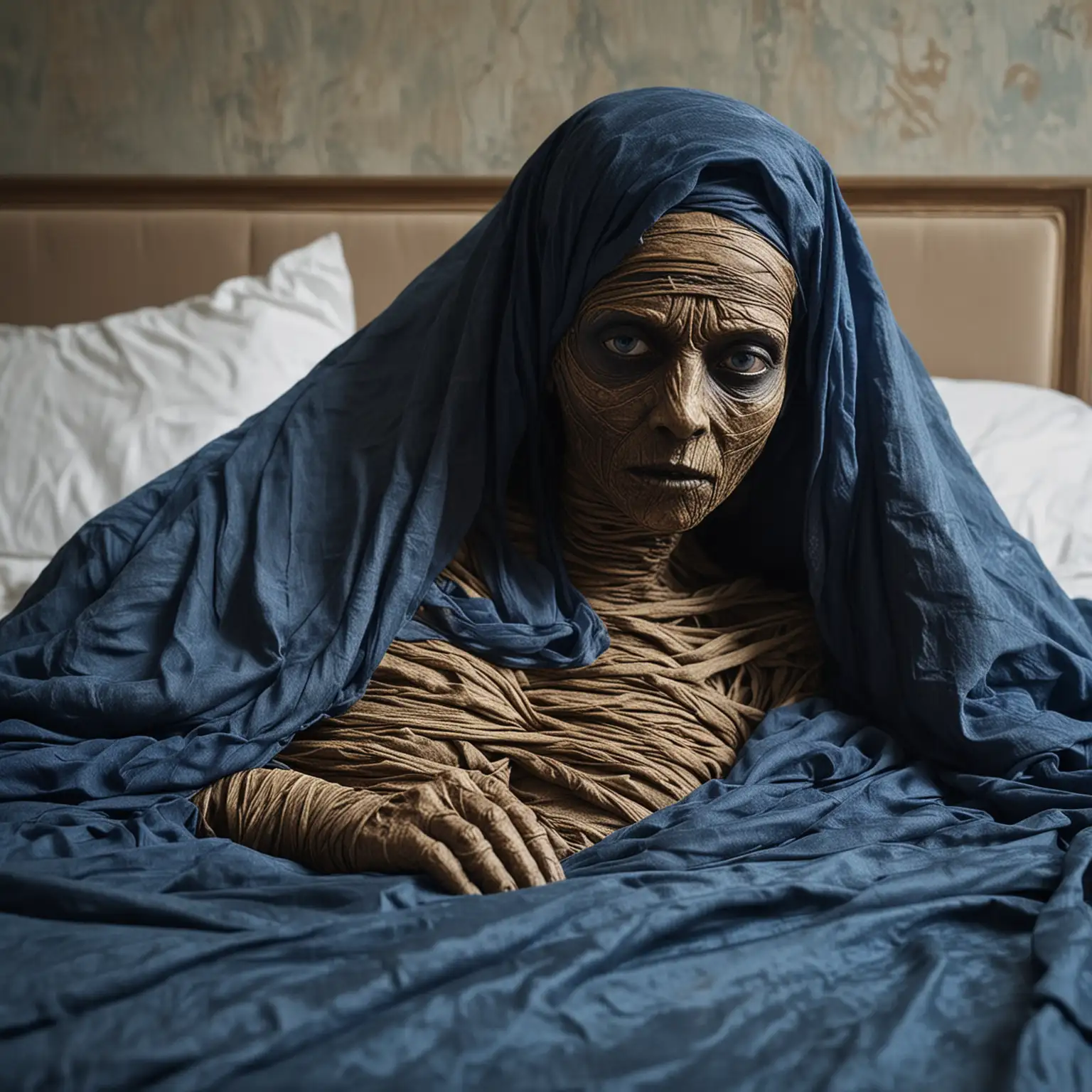 dans un appartement ambiance glauque
sur un lit une momie allongé avec un voile bleu qui couvre le visage