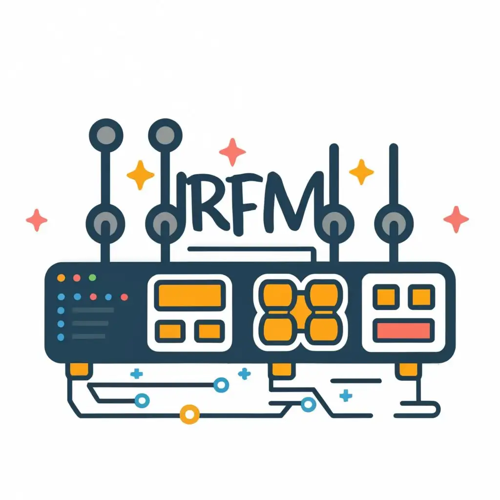 logo, Network switch with router signals, with the text "RFM", typography, be used in Internet industry