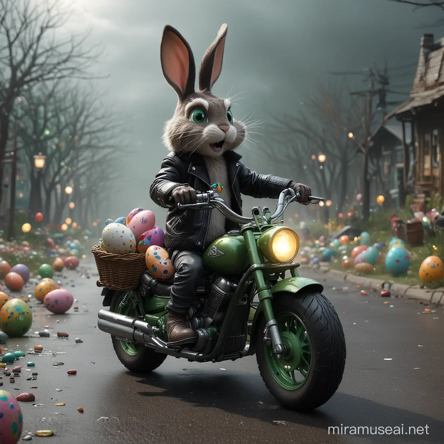 frightened Easter bunny with huge eyes, black fur and leather jacket and exaggerated cartoon features rides a green metallic painted chopper motorcycle. Behind the bunny is a basket of brightly painted Easter eggs that fall out as he rides.
The Easter bunny is driving away from a disaster in the background. anthropomorphic, screaming, moving, action burst, misty, stormy, 70mm, cinematic, highly detailed, debris, sparkling lights, aura,