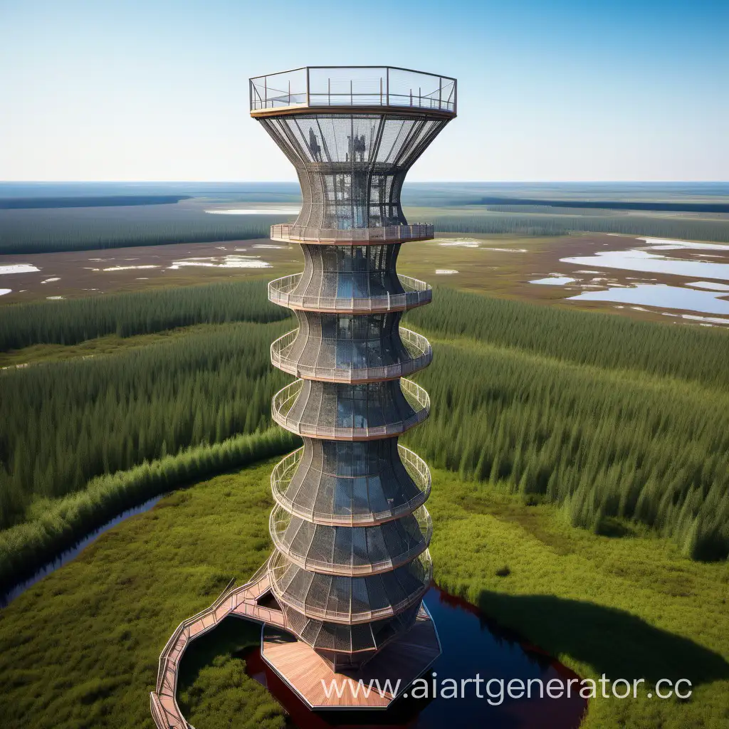 высокая металлическая сетчатая башня гиперболоидного типа на сфагновом болоте, смотровая площадка сверху башни, лифт внутри башни, деревянные настилы на болоте, яркий солнечный день, лето