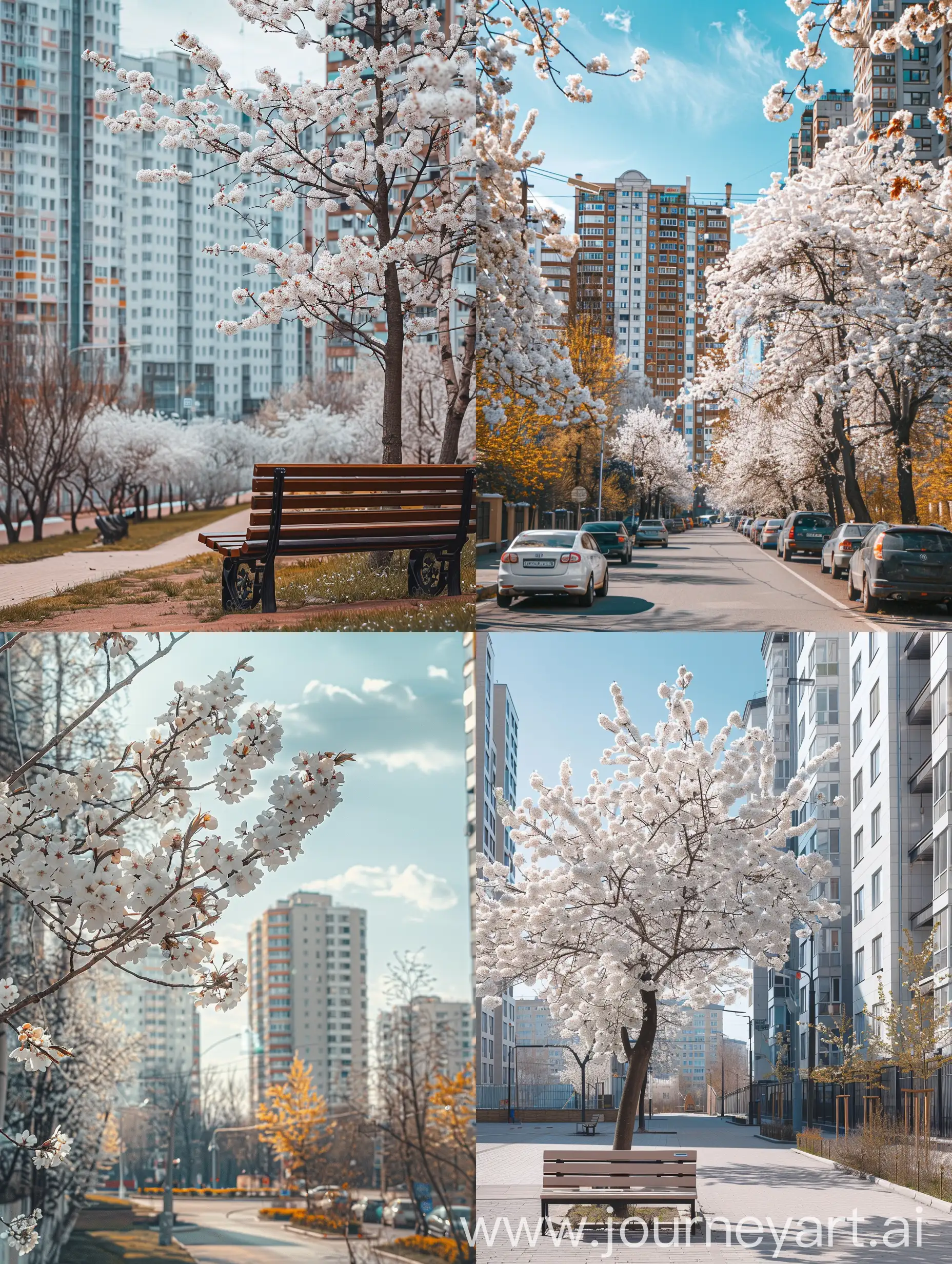 spring vibes in modern russian city, white bolossoming, use a high-resolution 32k camera with a raw style, and a quality setting of 2 to capture this timeless scene. 