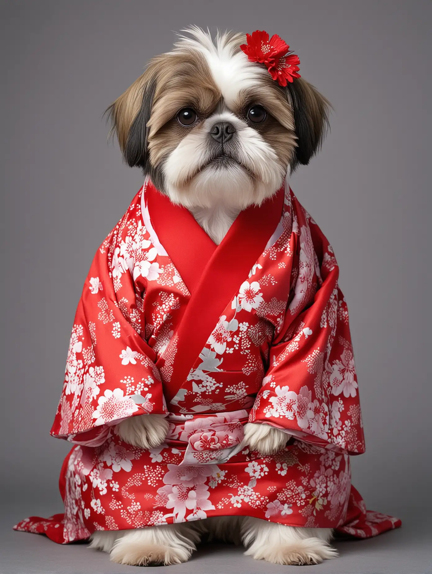 poster of photograph of a shih tzu wearing red Japanese clothing with a grey background colour