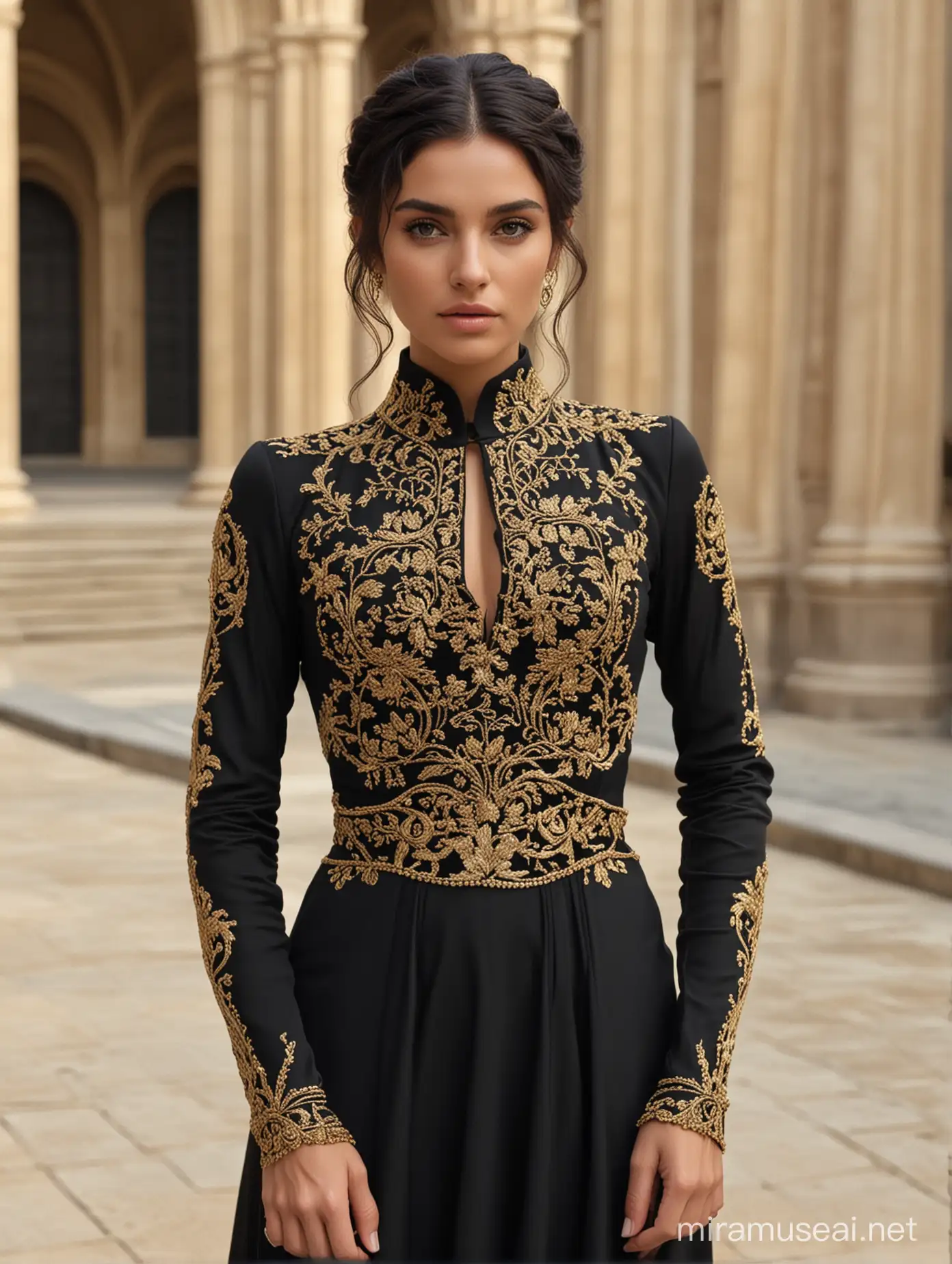 23 yo italian-australian female, black valyrian style hair,cured skin,midriff long sleeve black imperial gown with gold detail