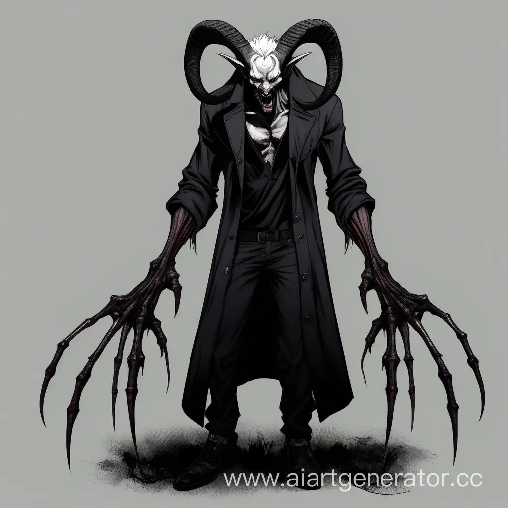 boy, big horns, white background, white dirty hair, pointed eyes, black skin, black background, demon, coat, short hair, black eyes, black pants, gloves, black eyes, shirt, black horns, trousers, very long arms, hunched back, very tall, hanging jaw, fangs, hungry look, scary